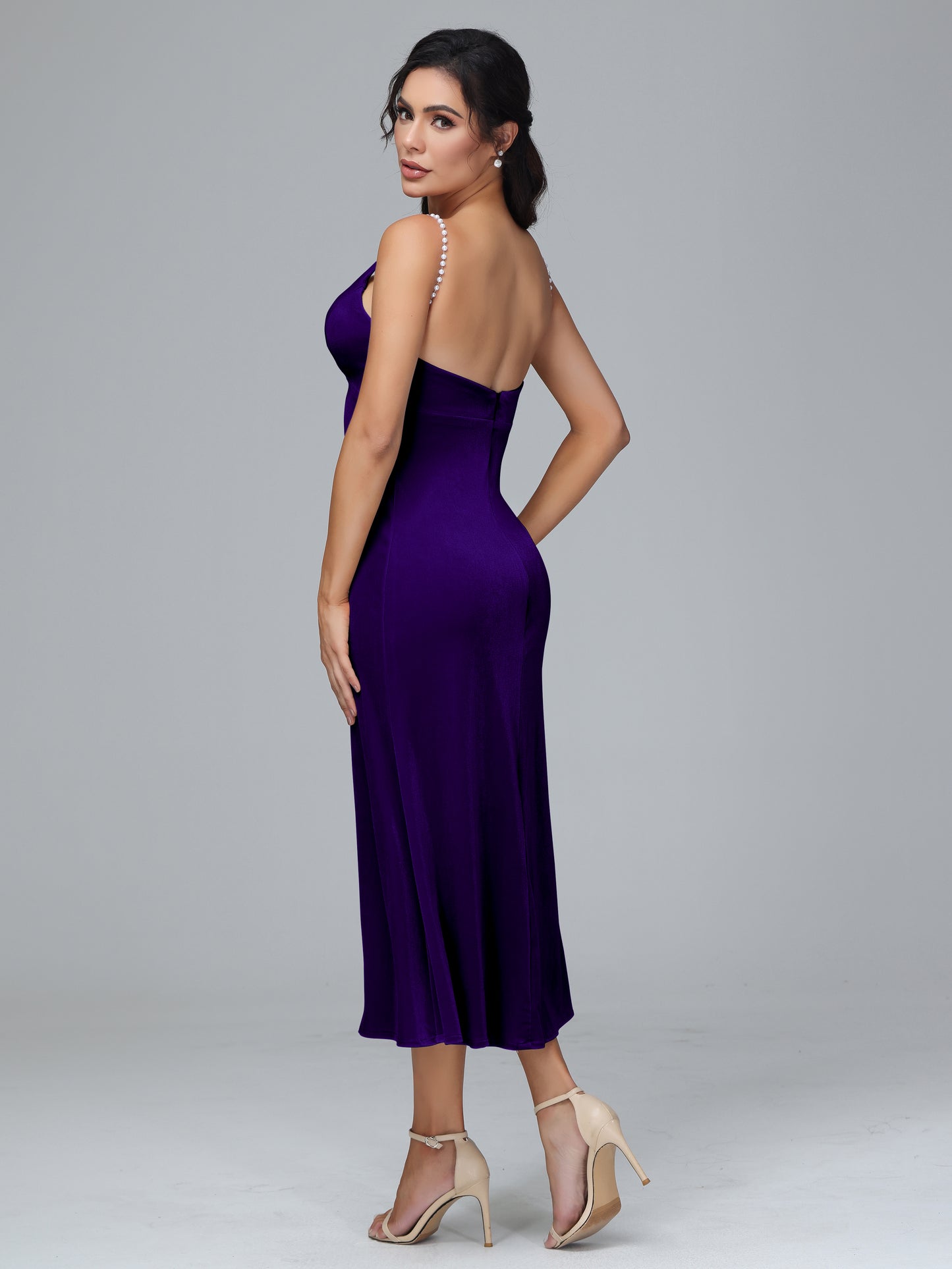 V Neck Spaghetti Straps Velvet Bridesmaid Dress