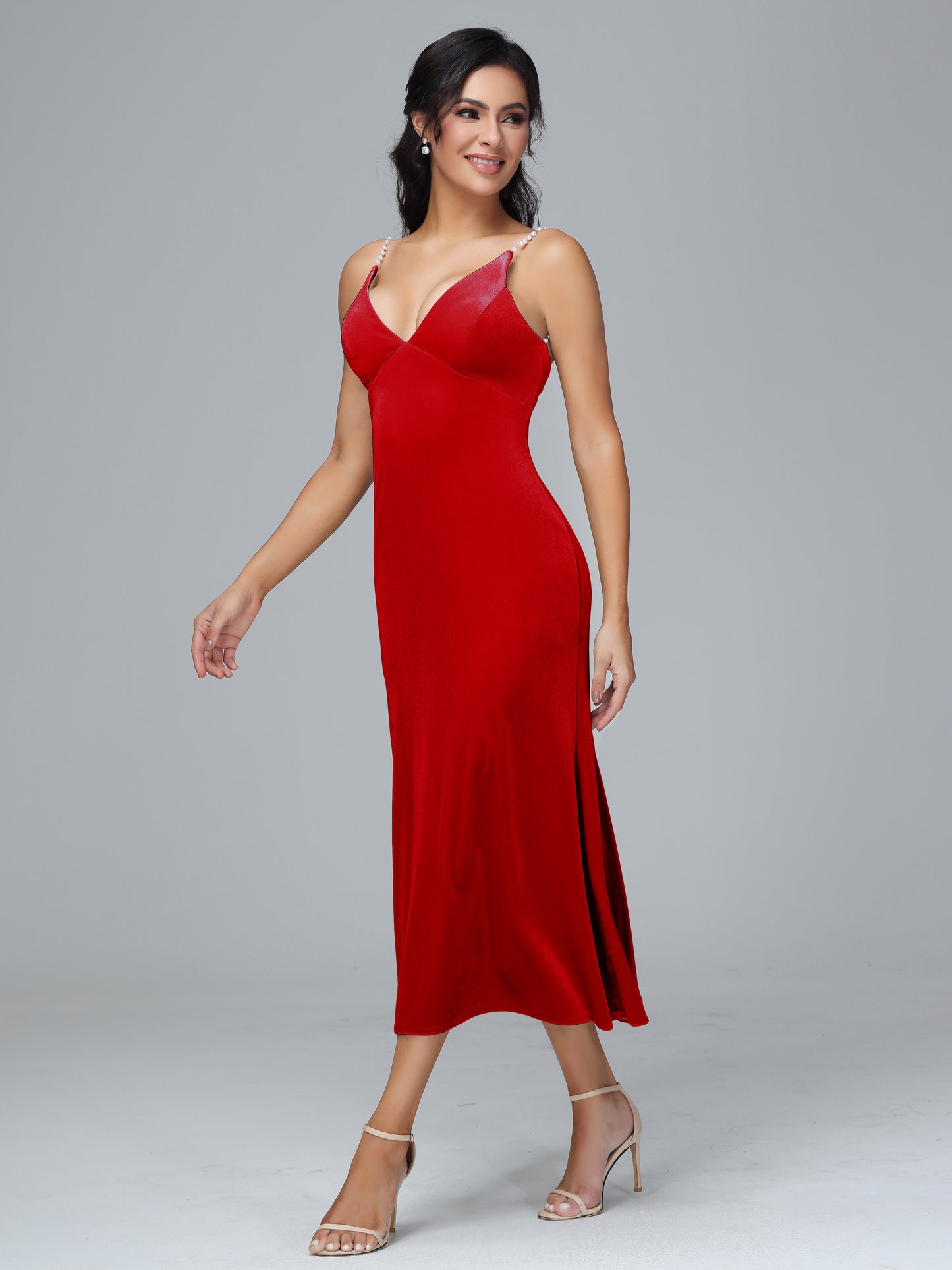 V Neck Spaghetti Straps Velvet Bridesmaid Dress