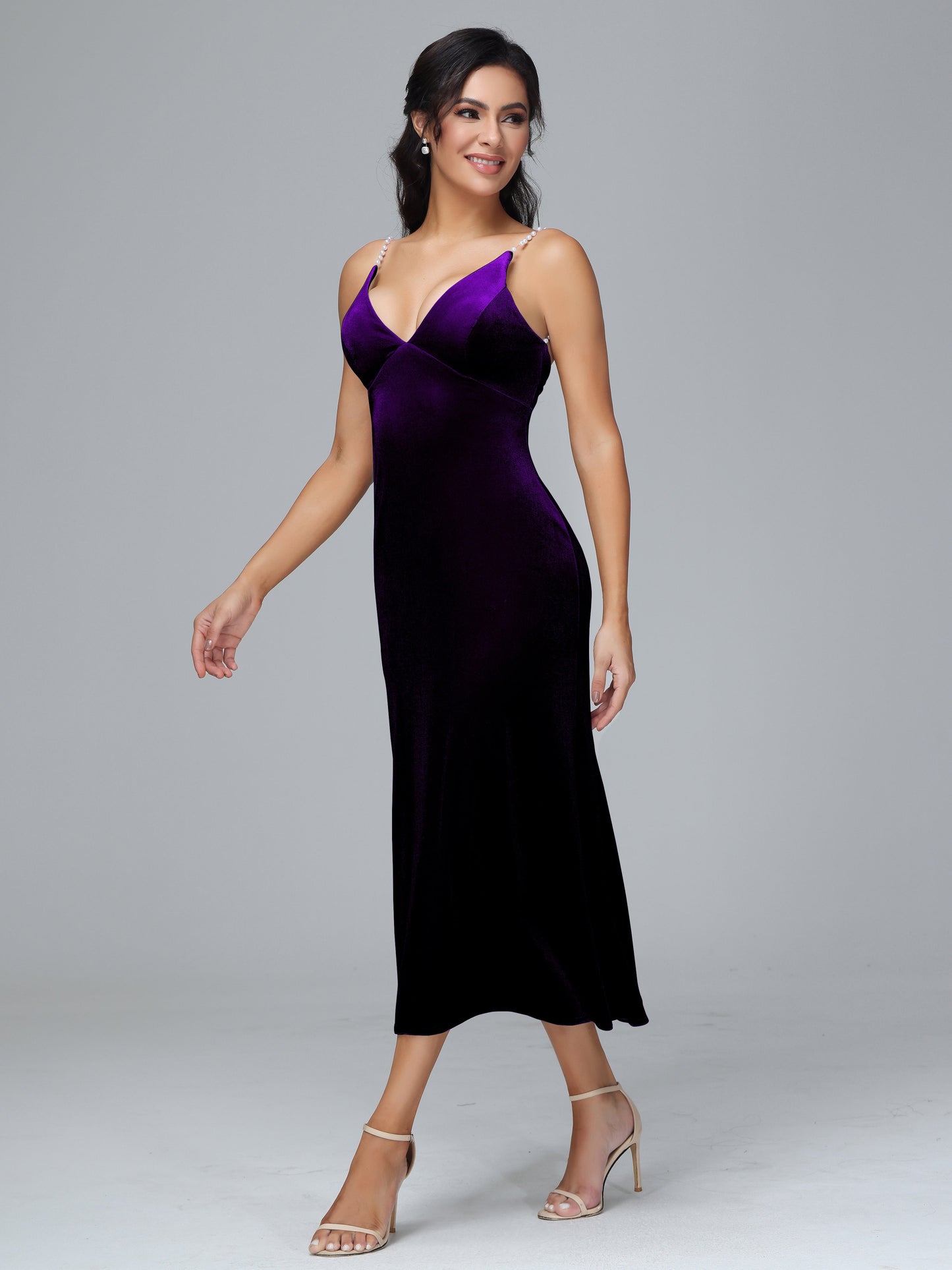 V Neck Spaghetti Straps Plus Size Velvet Bridesmaid Dress