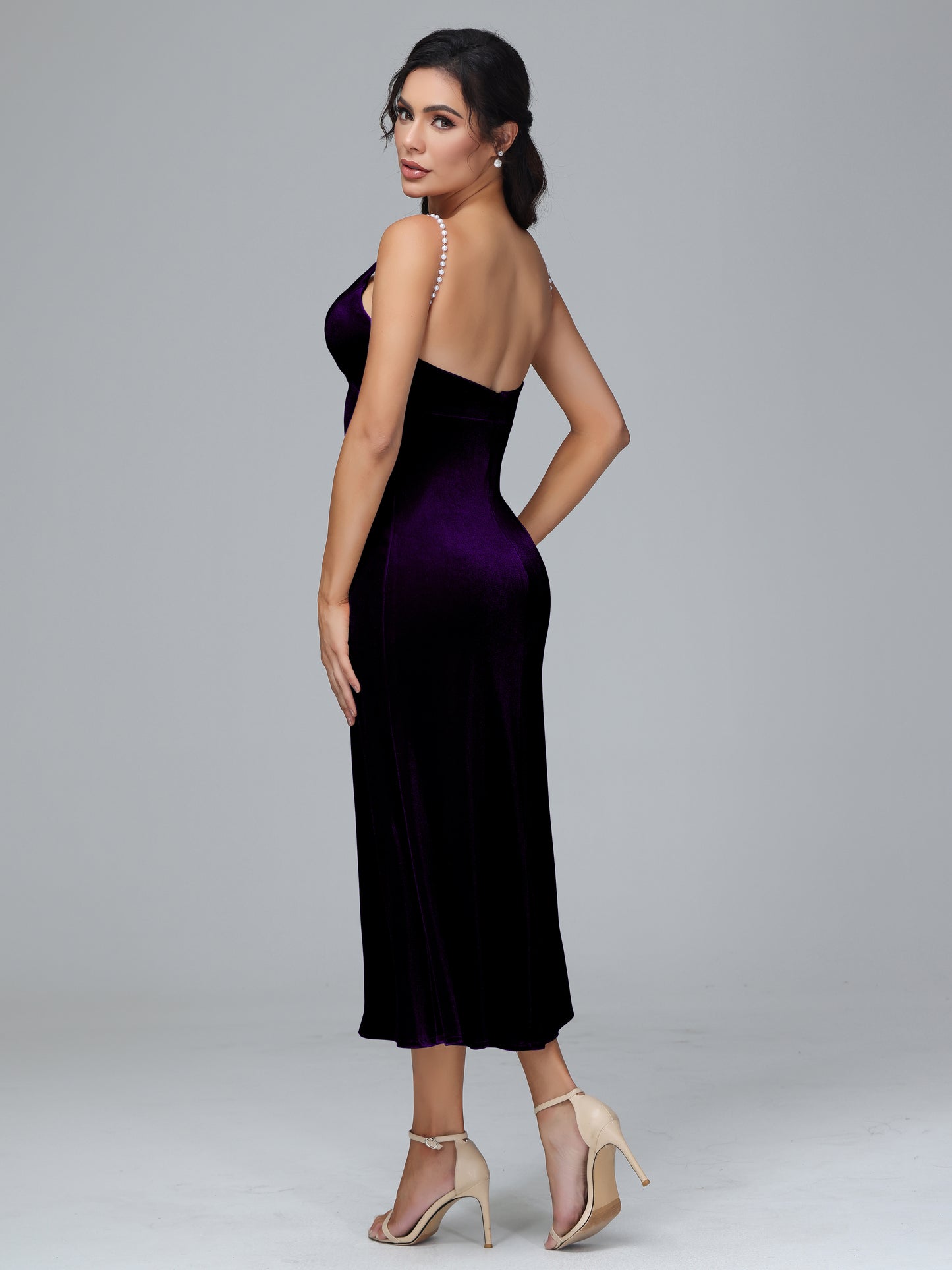 V Neck Spaghetti Straps Velvet Bridesmaid Dress