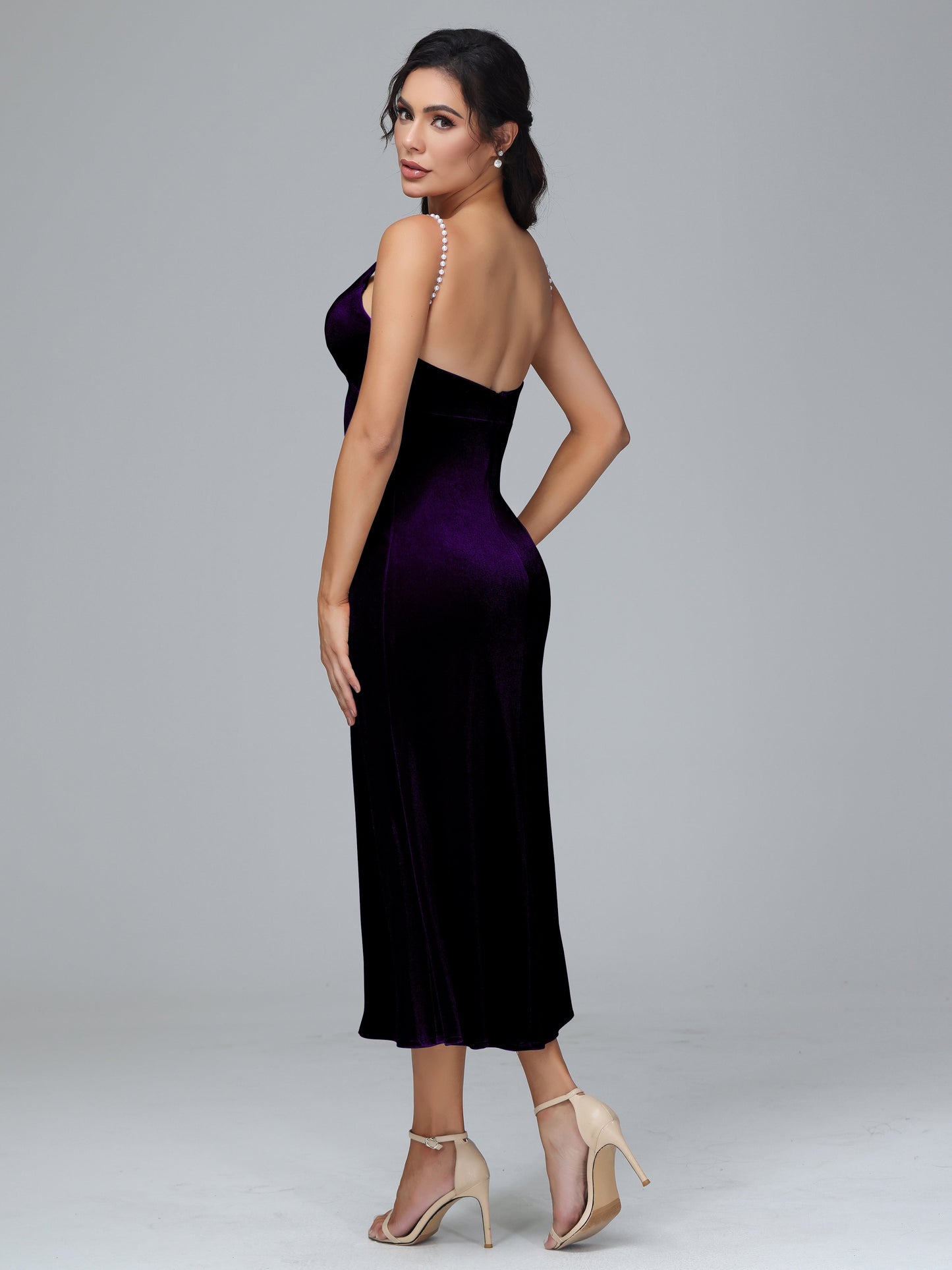 V Neck Spaghetti Straps Plus Size Velvet Bridesmaid Dress