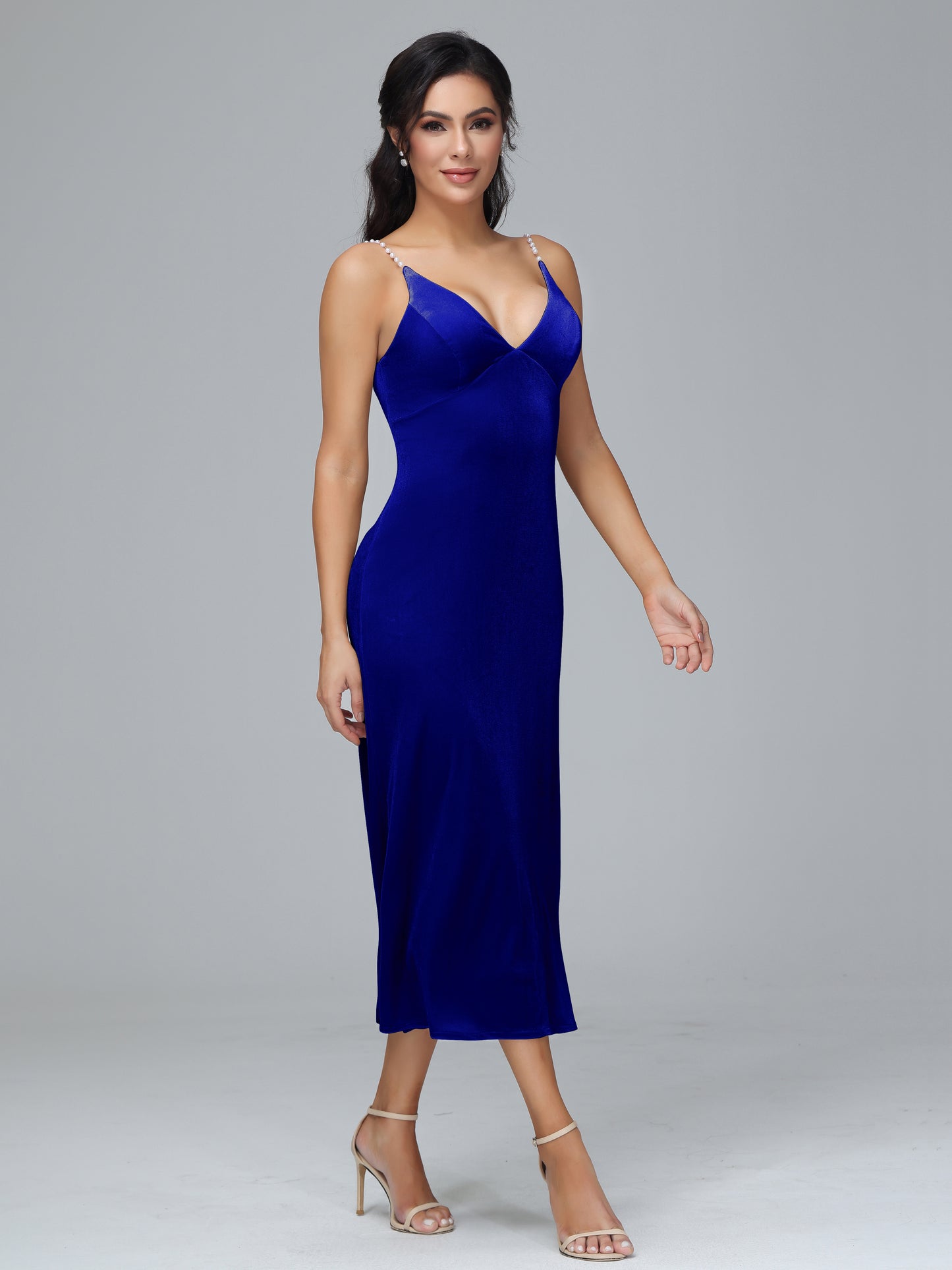 V Neck Spaghetti Straps Velvet Bridesmaid Dress