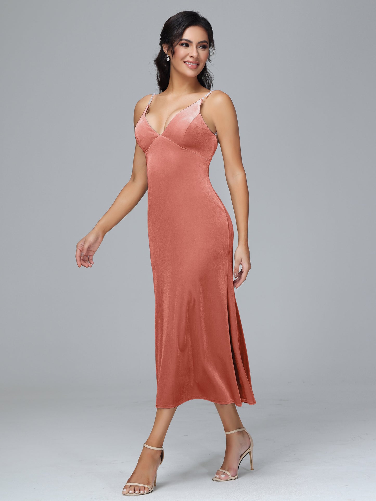 V Neck Spaghetti Straps Plus Size Velvet Bridesmaid Dress