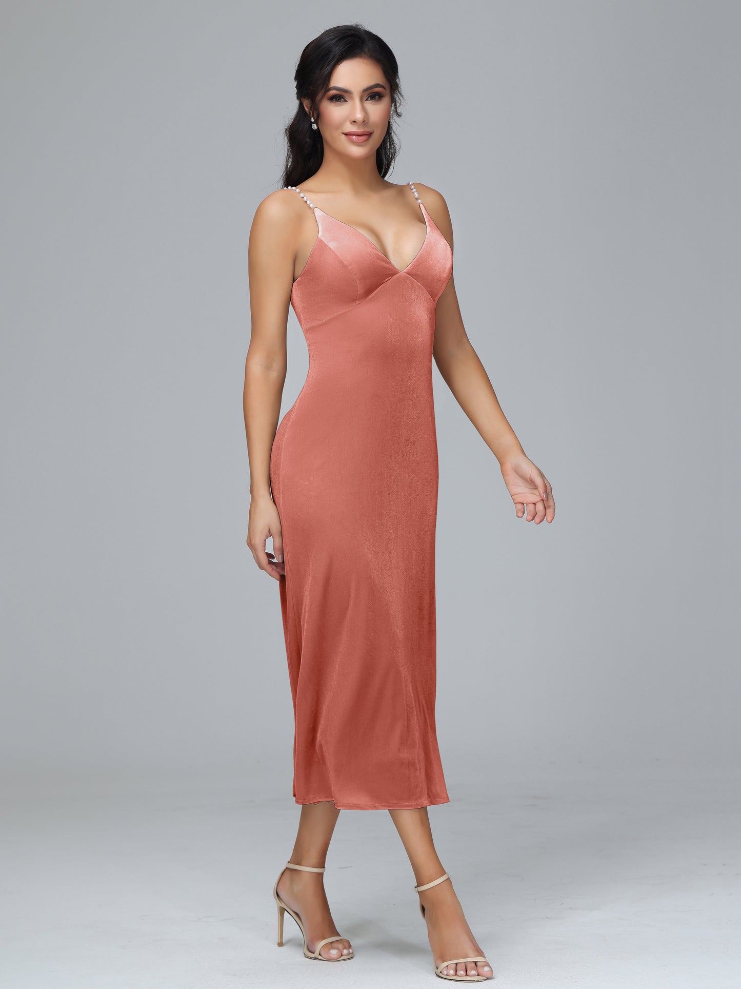 V Neck Spaghetti Straps Plus Size Velvet Bridesmaid Dress