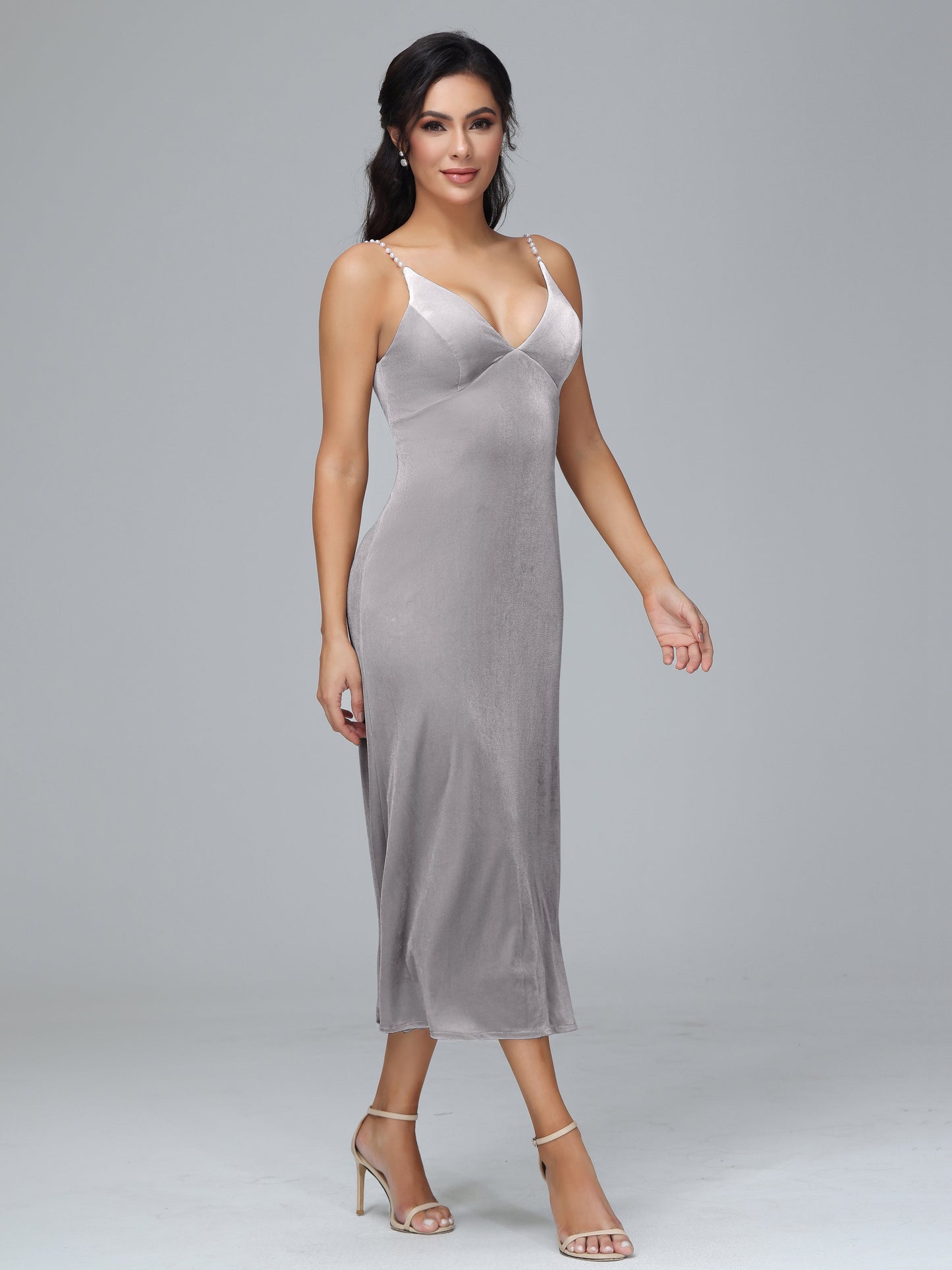 V Neck Spaghetti Straps Plus Size Velvet Bridesmaid Dress