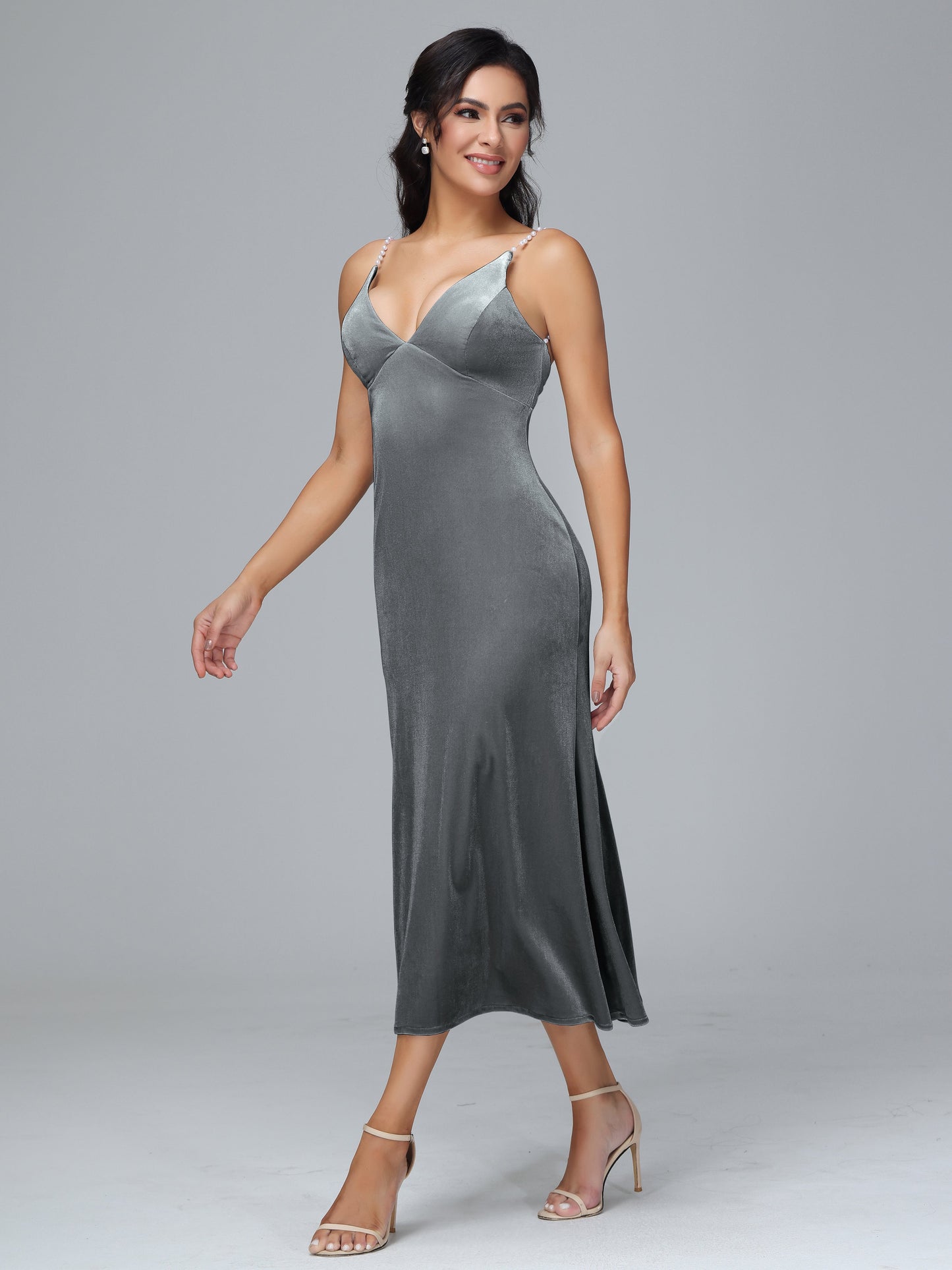 V Neck Spaghetti Straps Plus Size Velvet Bridesmaid Dress