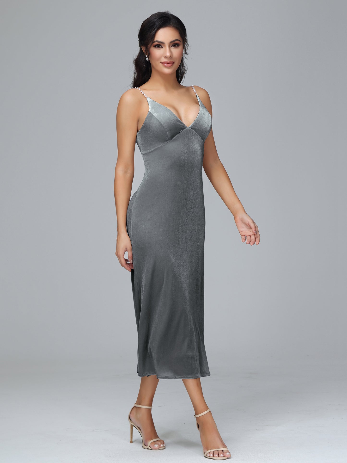 V Neck Spaghetti Straps Plus Size Velvet Bridesmaid Dress