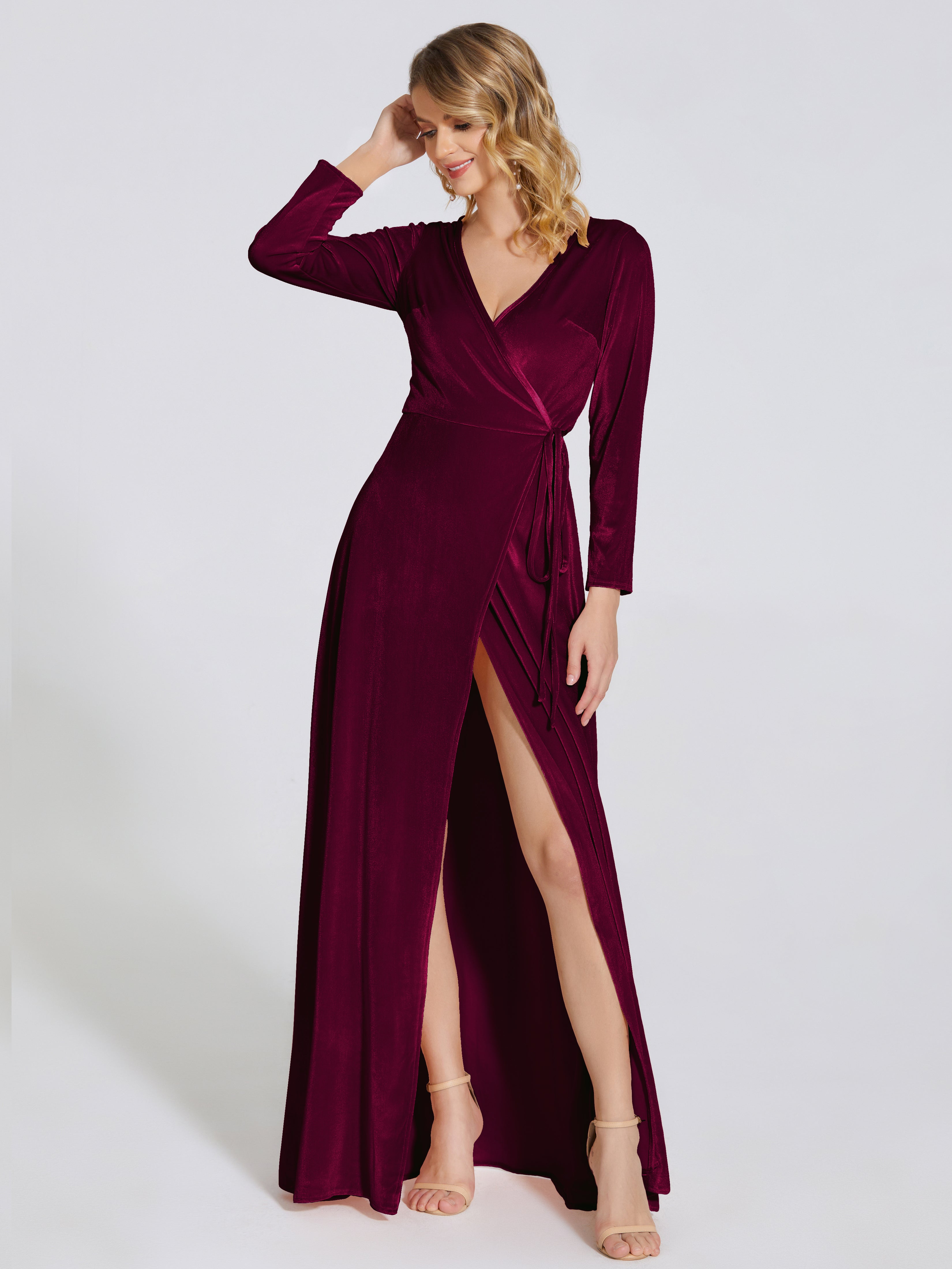 Leila V Neck Long Sleeves Velvet Mother of The Groom Dress, Burgundy Leila V Neck Long Sleeves Velvet Mother of The Groom Dress, Burgundy
