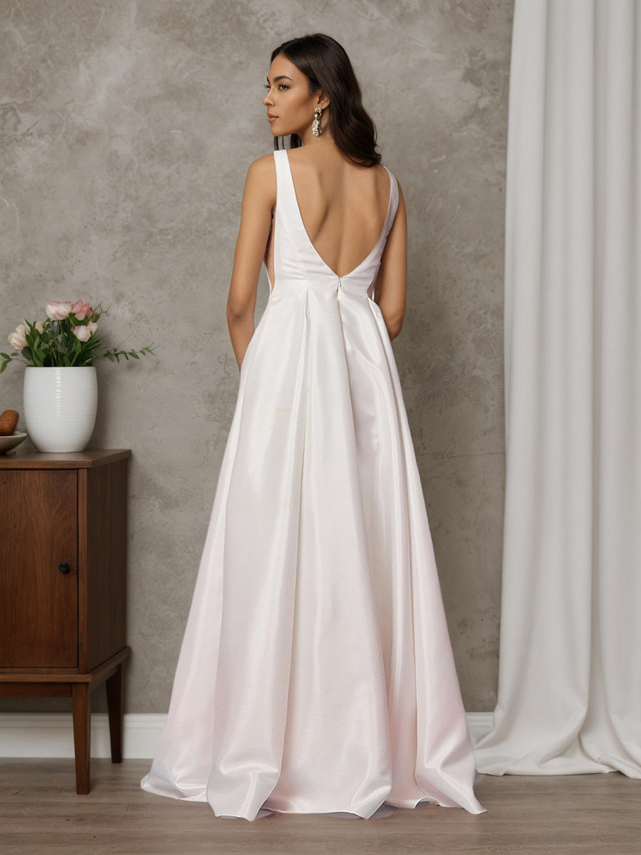 A-line V-neck Sleeveless Long Saton Wedding Dress Bridal Gown