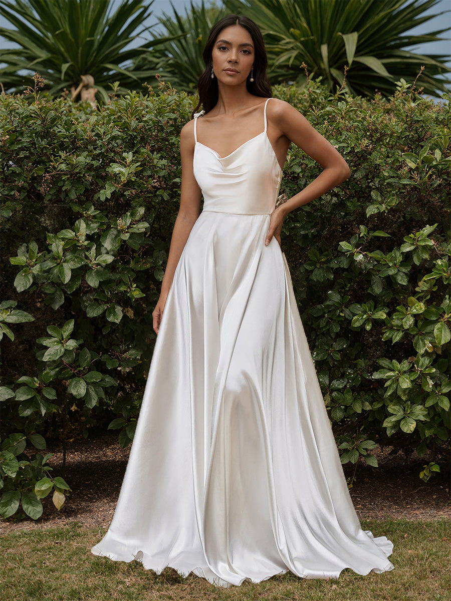 Spaghetti Straps Backless A-line Long Ivory Wedding Dress
