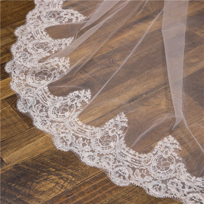 Wedding Veil One-Tier Tulle Lace Edge Chapel Veils Appliques TS91043