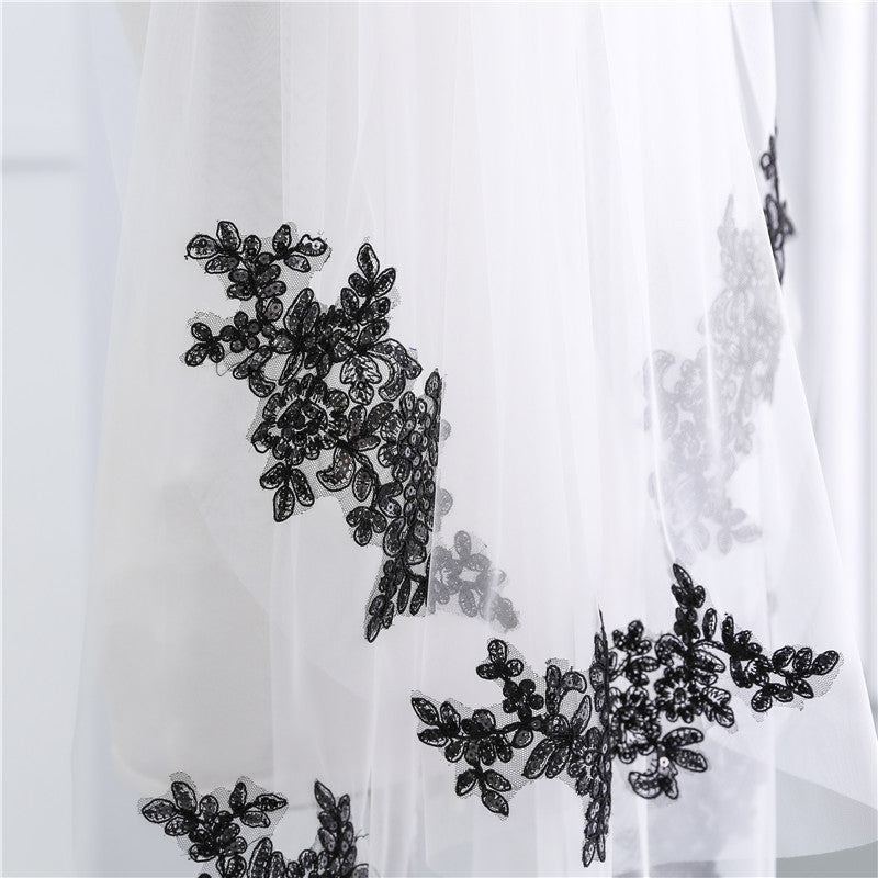 Wedding Veil Two-Tier Tulle Lace Edge Elbow Bridal Veils Black Appliques TS91008