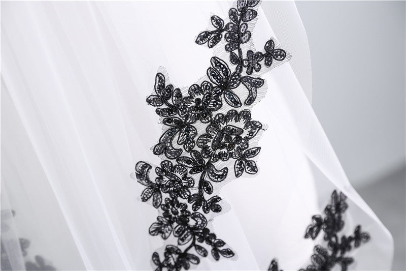 Wedding Veil Two-Tier Tulle Lace Edge Elbow Bridal Veils Black Appliques TS91008