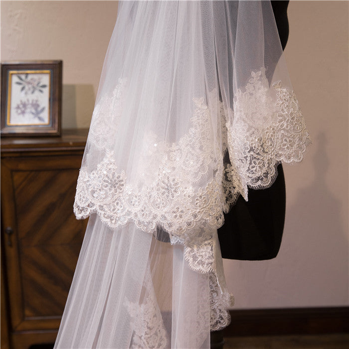 Wedding Veil Two-Tier Tulle Lace Edge Chapel Veils Appliques TS91009