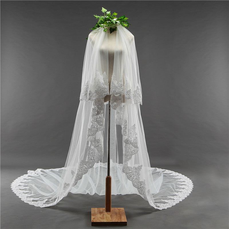 Wedding Veil Two-Tier Lace Edge Tulle Cathedral Veils Appliques TS9006