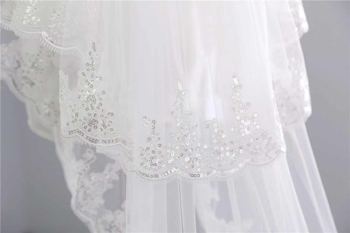 Wedding Veil Two-Tier Tulle Lace Edge Chapel Veils Appliques TS91038