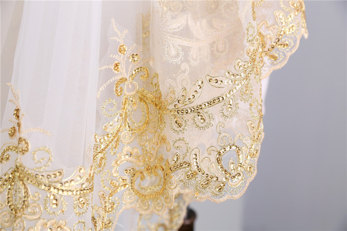 Wedding Veil Two-Tier Tulle Lace Edge Cathedral Veils Golden Appliques TS91023