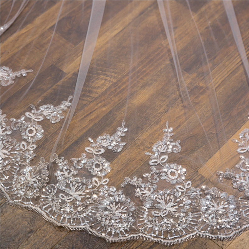 Wedding Veil One-Tier Lace Edge Tulle Cathedral Veils Sequin Appliques TS9016