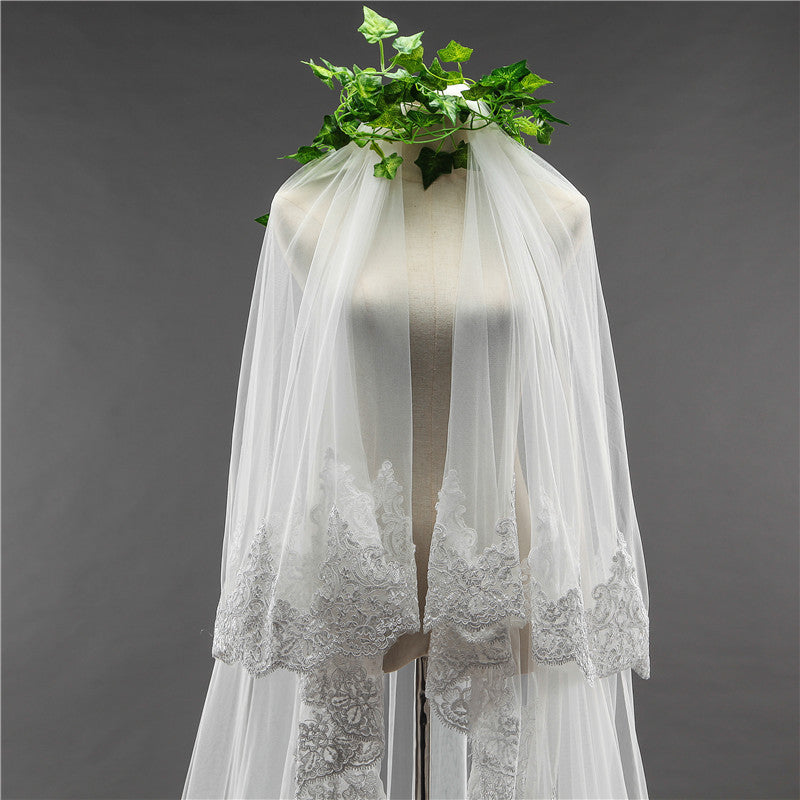 Wedding Veil Two-Tier Lace Edge Tulle Cathedral Veils Appliques TS9006