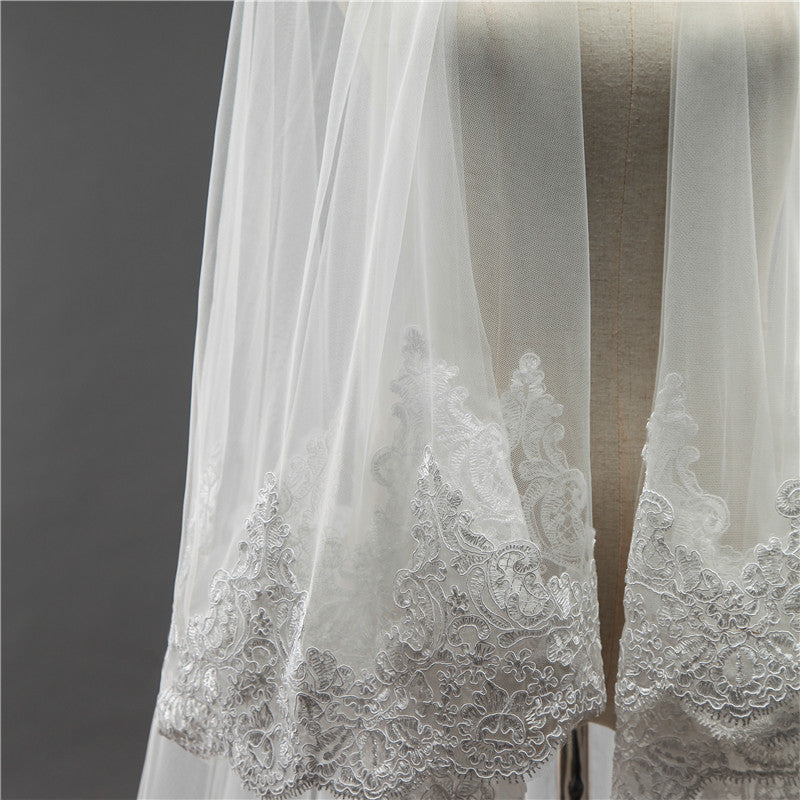 Wedding Veil Two-Tier Lace Edge Tulle Cathedral Veils Appliques TS9006