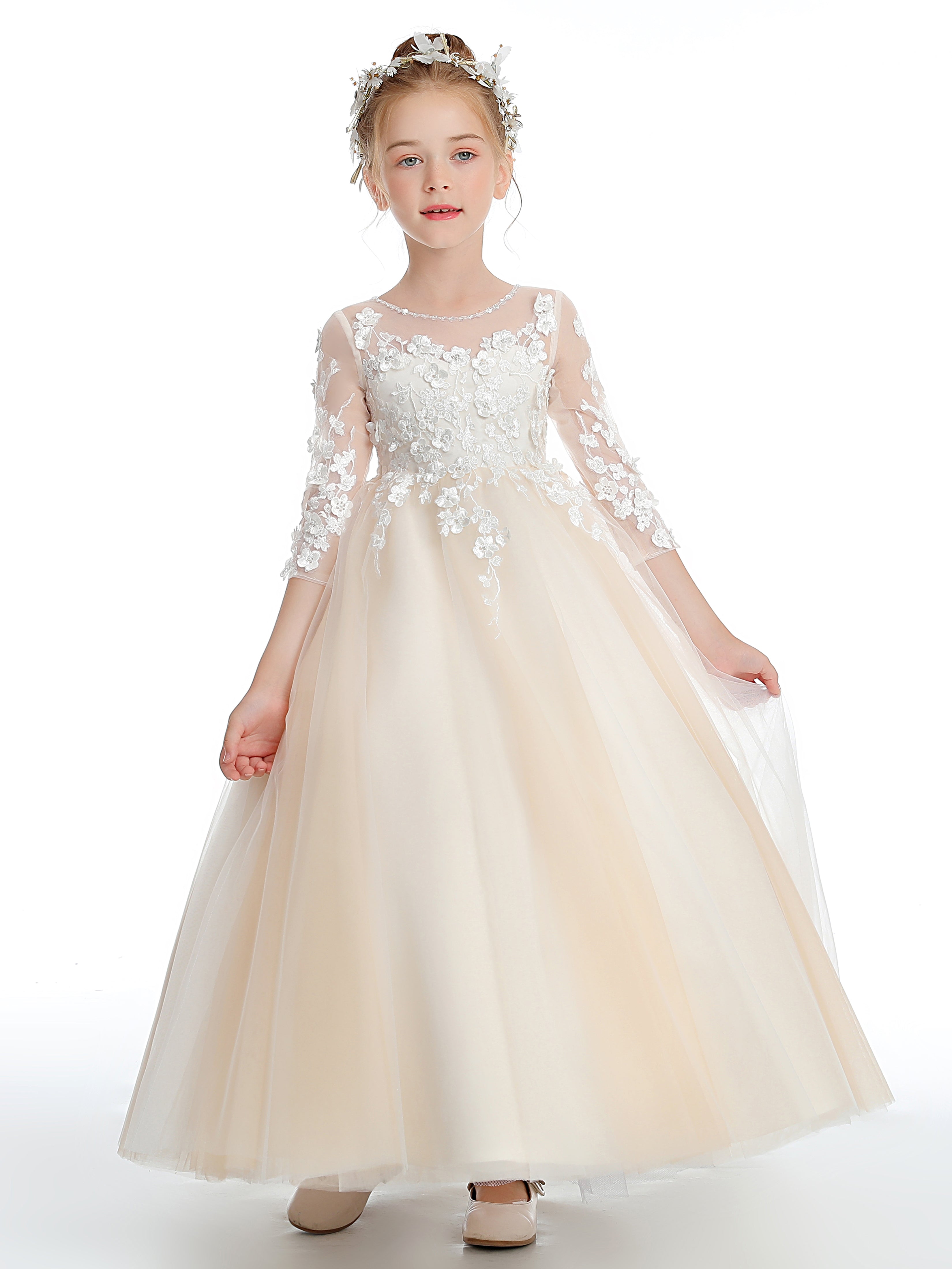 Half Sleeves Lace Appliques Tulle Flower Girl Dress Half Sleeves Lace Appliques Tulle Flower Girl Dress