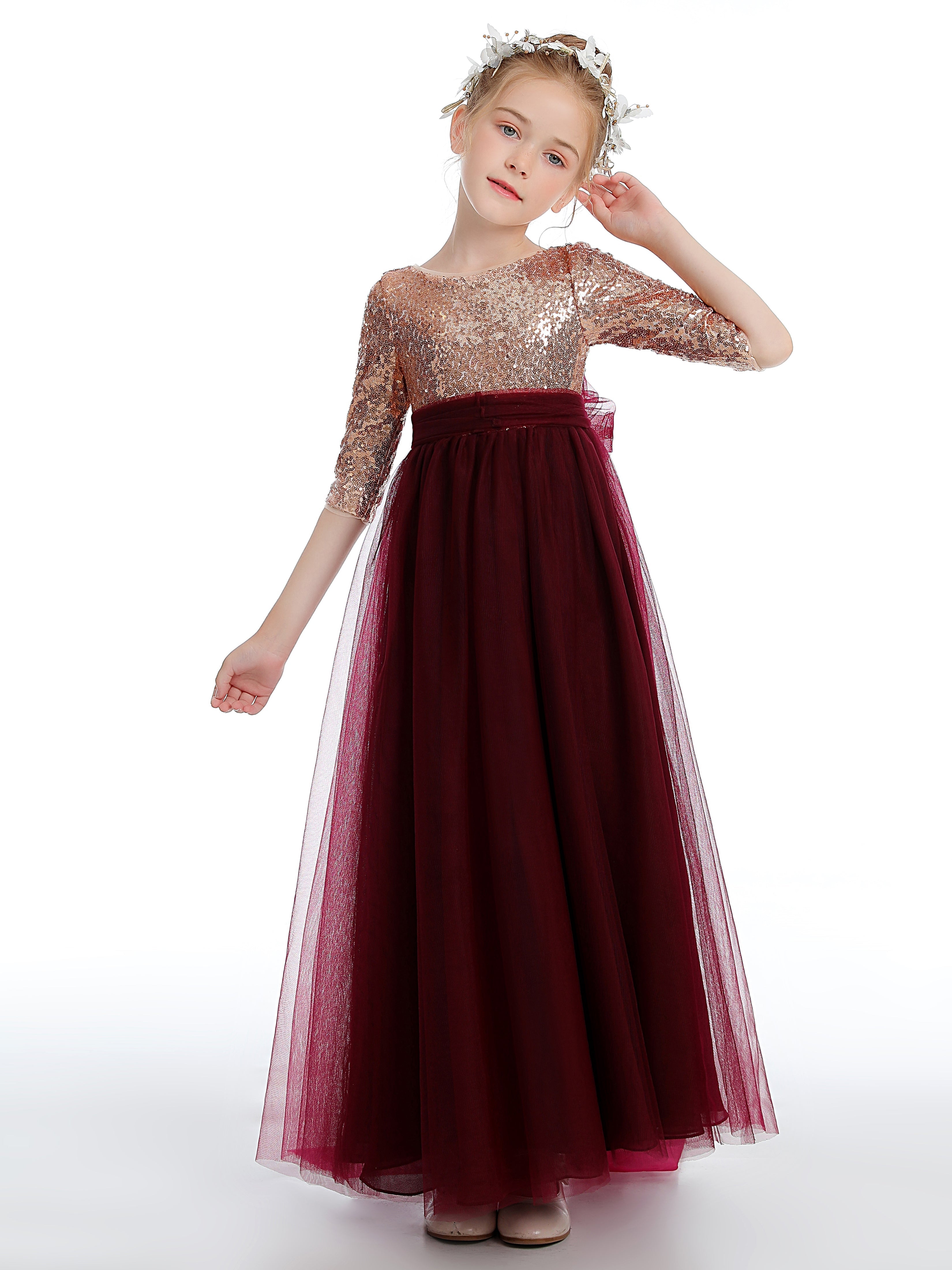 Half Sleeves Sequins Tulle Flower Girl Dress with Bow-Knot Half Sleeves Sequins Tulle Flower Girl Dress with Bow-Knot