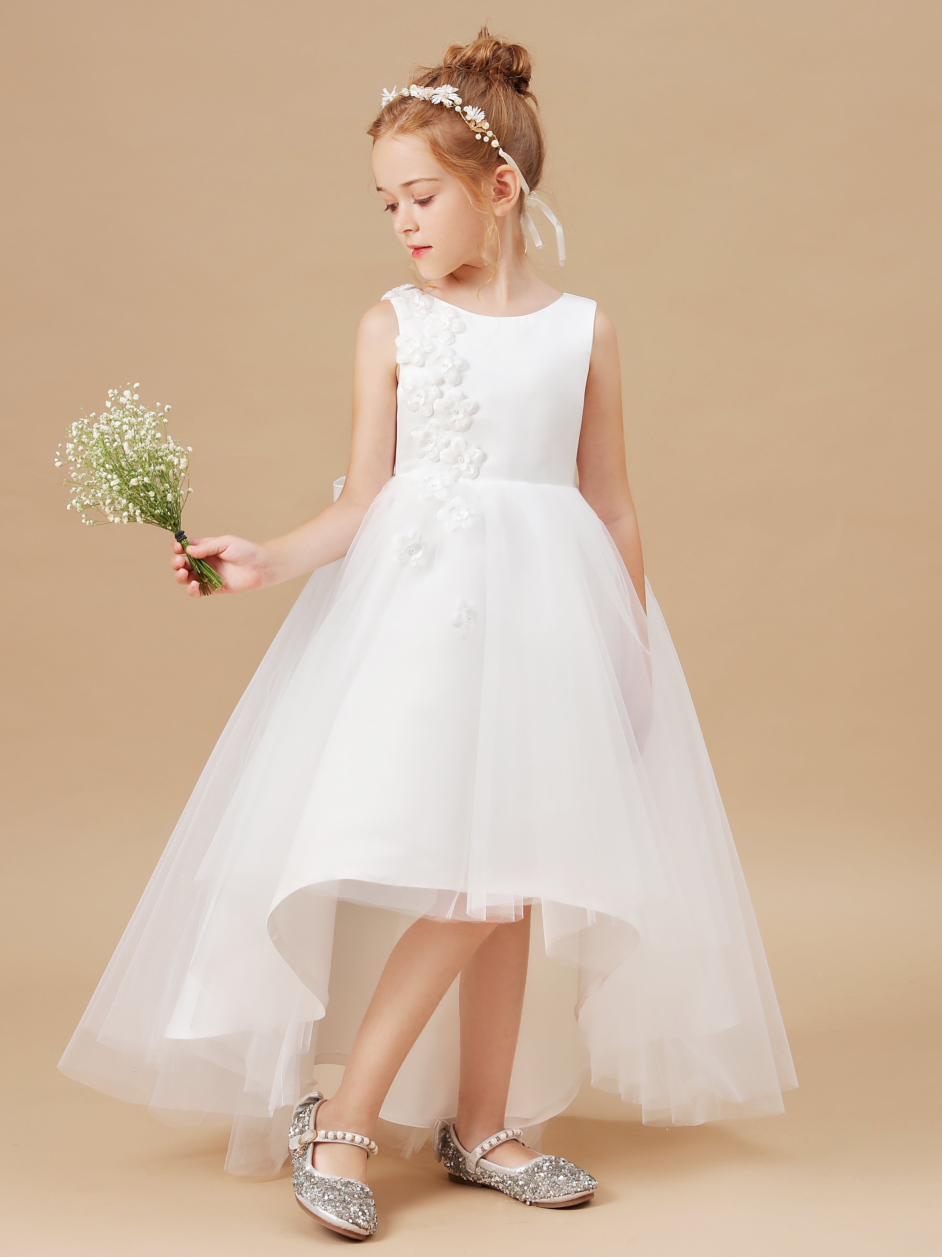 High Low V-back Tulle Flower Girl Dress with Bow-Knot