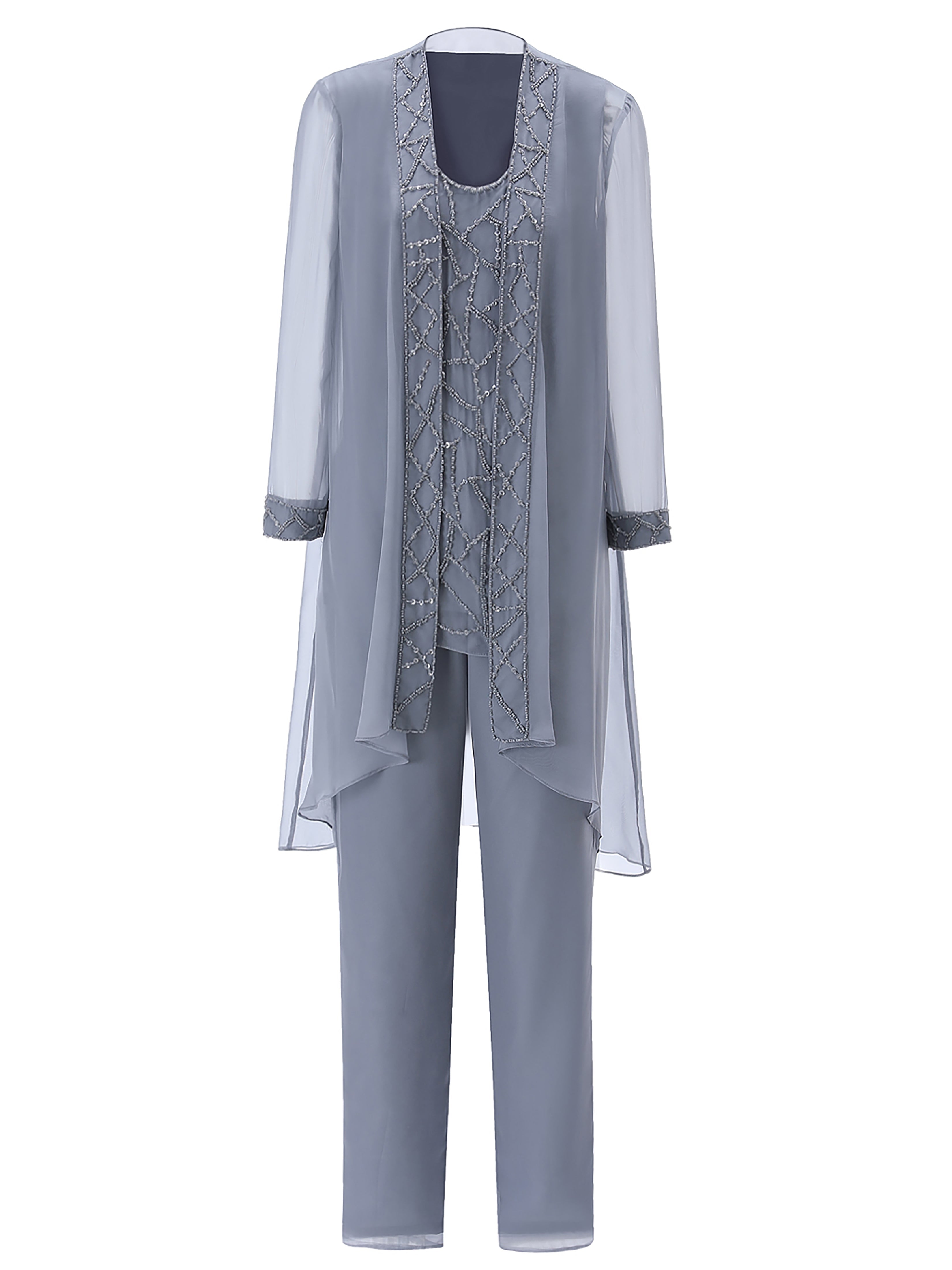 Long Sleeves Chiffon Mother of the Bride Dress Pant Suits, Steel_Grey Long Sleeves Chiffon Mother of the Bride Dress Pant Suits, Steel_Grey