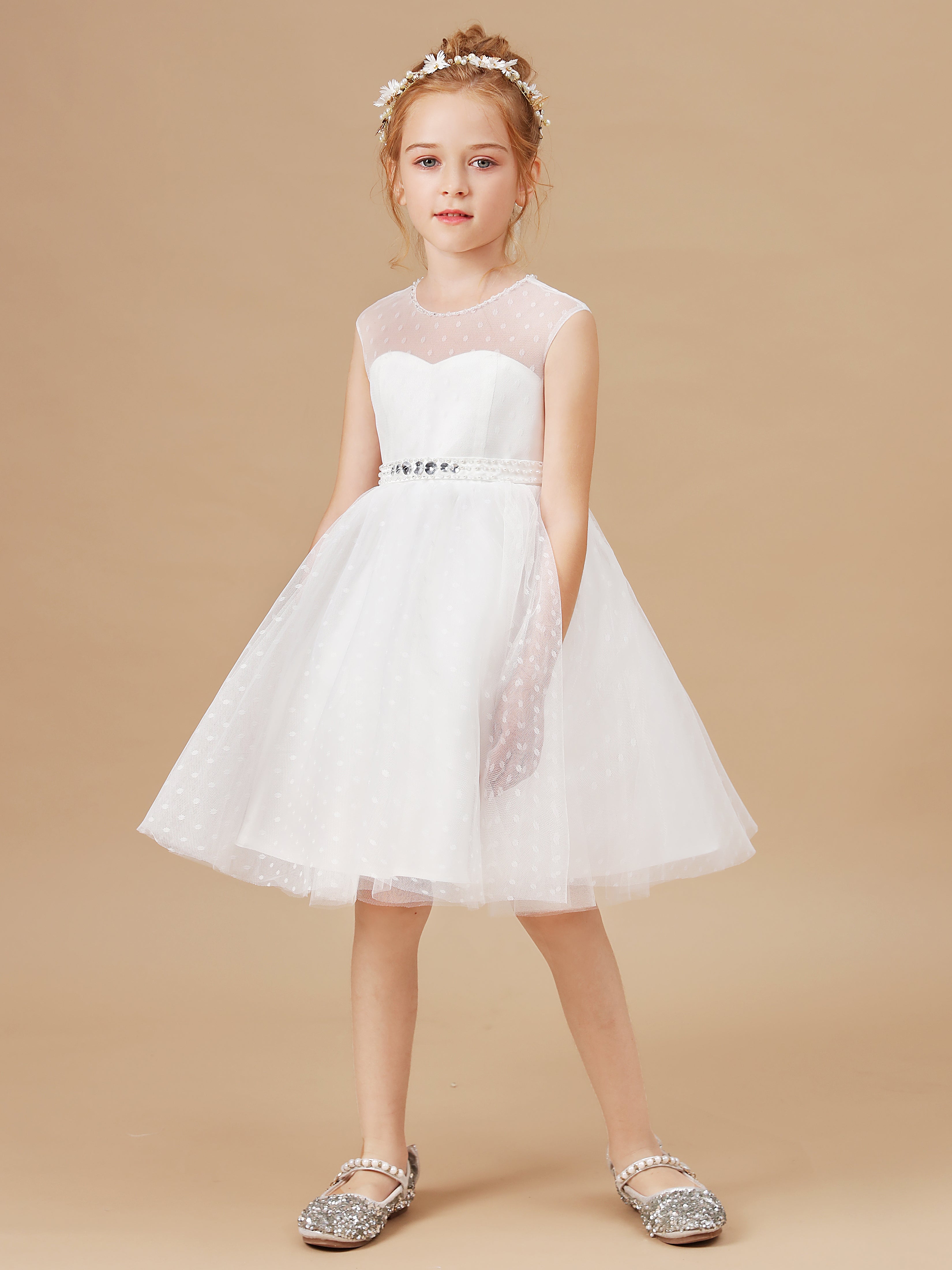 mini white tulle flower girl dress Ball Gown Scoop Neck Sleeveless Mini Tulle Flower Girl Dresses 606456801196, 10 Days / Ivory / 140cm