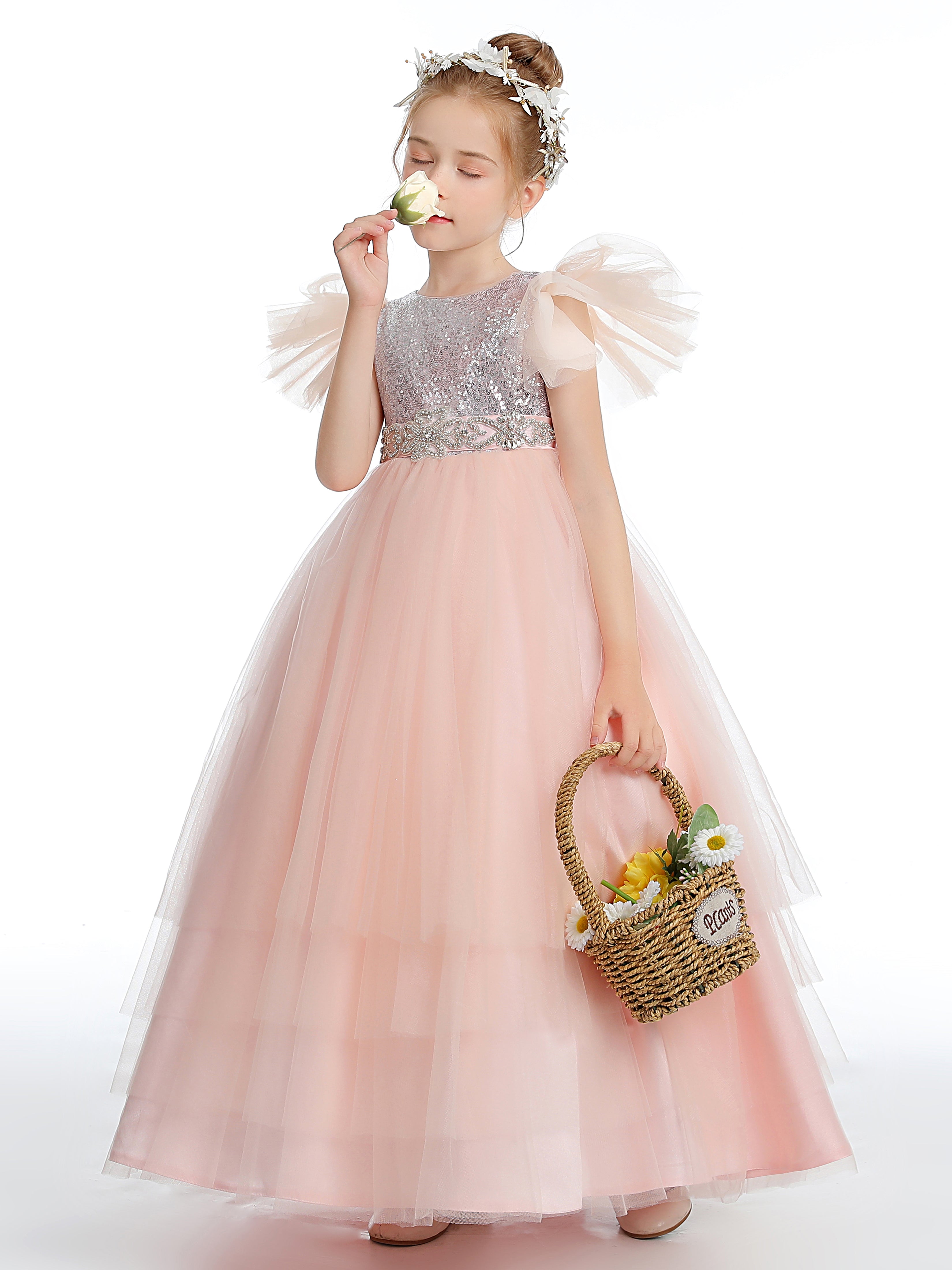 Ruffles Cap Sleeves Sequins Tulle Flower Girl Dress Ruffles Cap Sleeves Sequins Tulle Flower Girl Dress