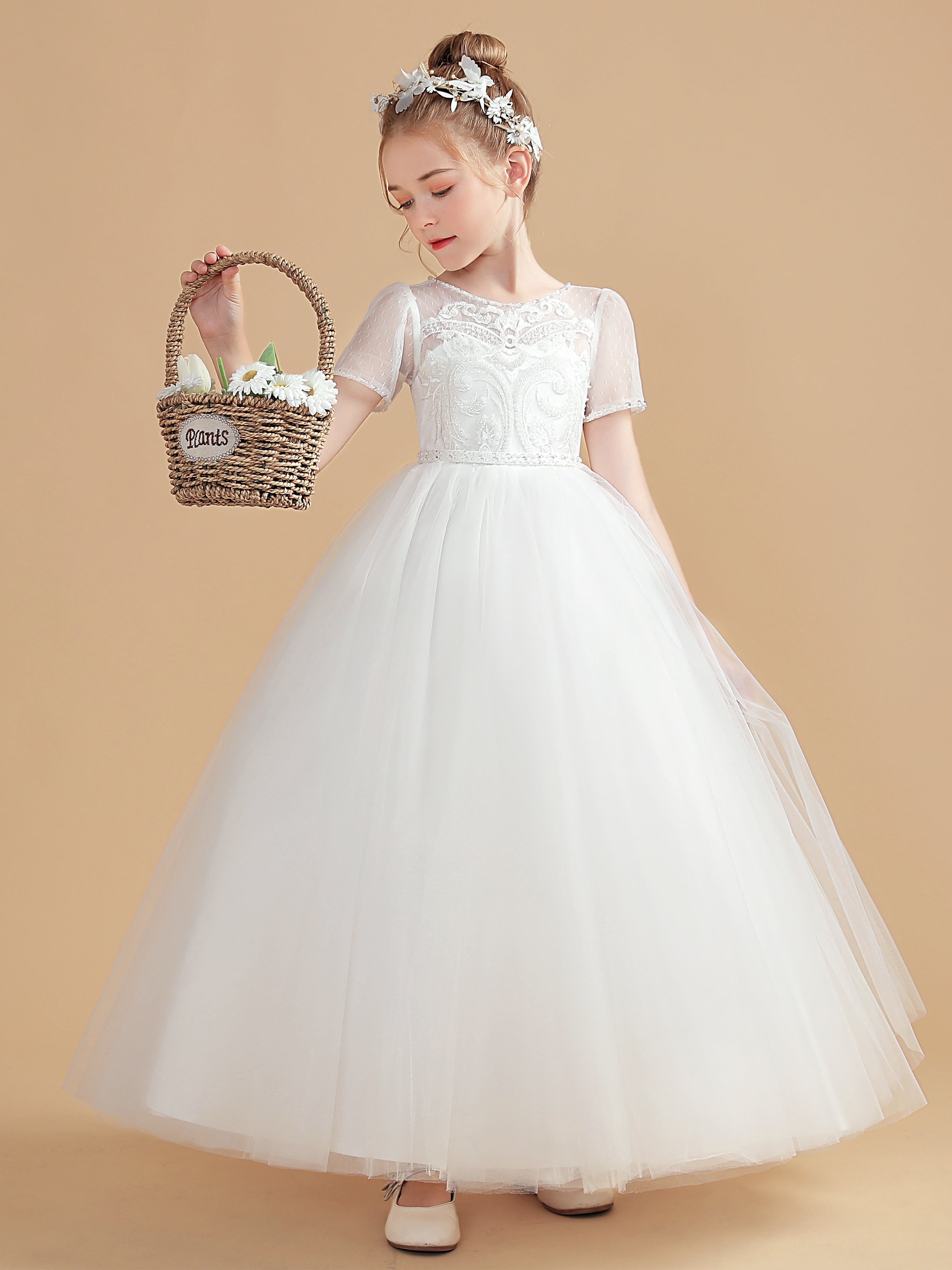short sleeve flower girl dresses TT_5821WH - White Short Sleeve Satin Dress with Beaded Details - Tip Top Kids - Flower Girl Dresses