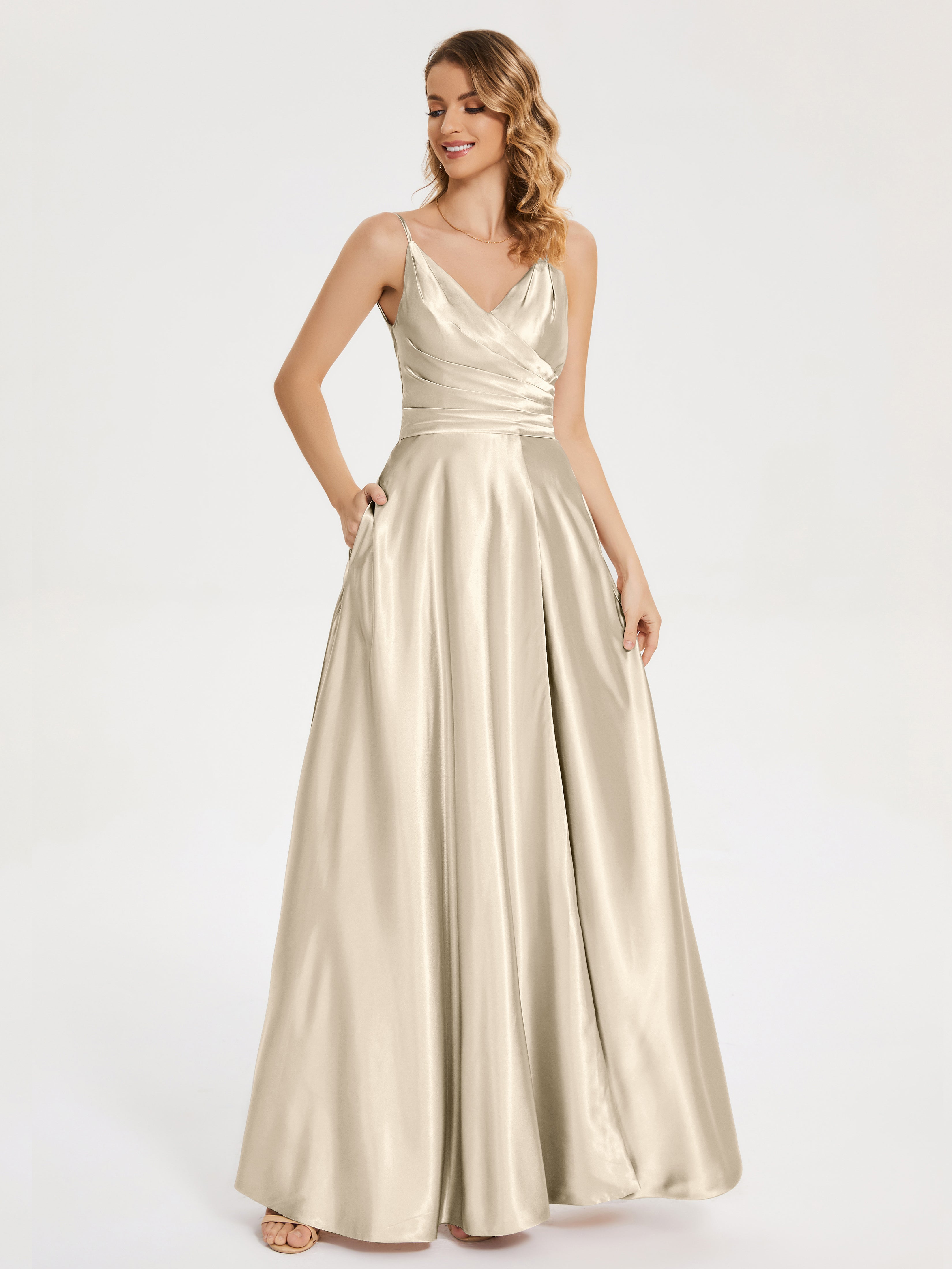 Cicinia Side Slit V-neck Soft Satin Bridesmaid Dress, Champagne Cicinia Side Slit V-neck Soft Satin Bridesmaid Dress, Champagne