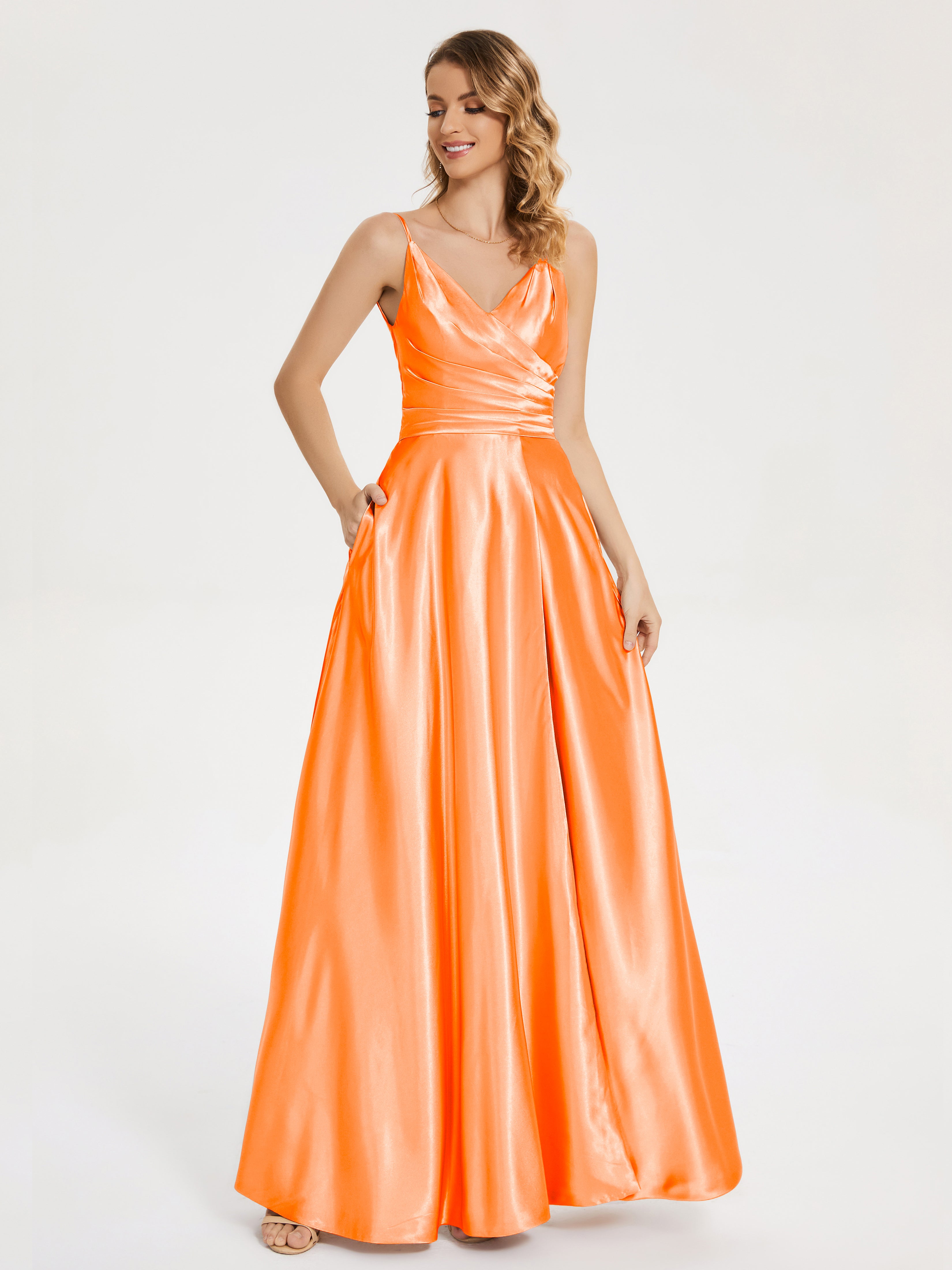 V-neck Pleated Soft Satin Prom Dress with Slit