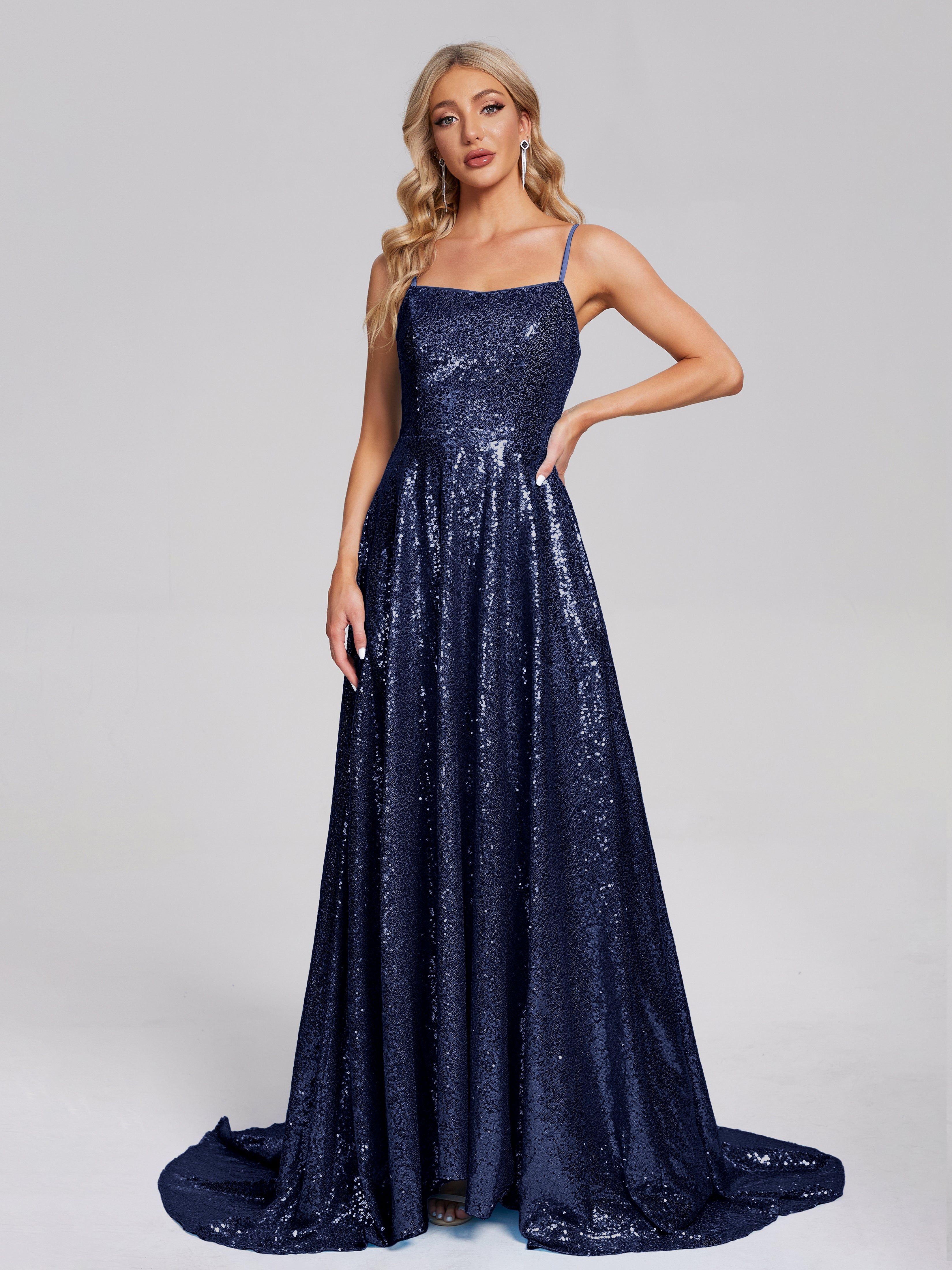 Shinning Spaghetti Straps Square Neck Sequins Prom Dress Dark_Navy Shinning Spaghetti Straps Square Neck Sequins Prom Dress Dark_Navy