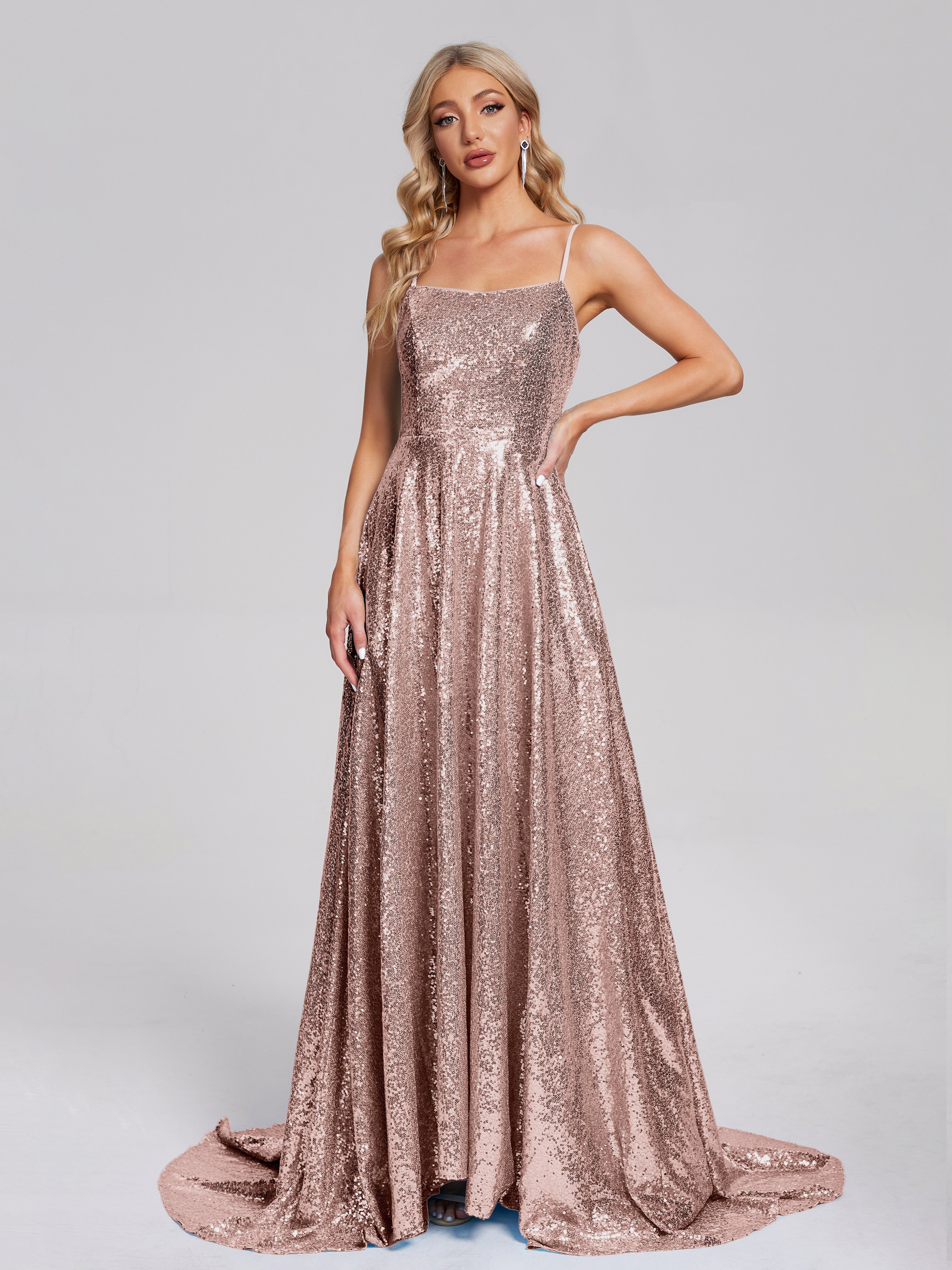 Cicinia Spaghetti Straps Square Neck Sequins Bridesmaid Dress, Gold Cicinia Spaghetti Straps Square Neck Sequins Bridesmaid Dress, Gold