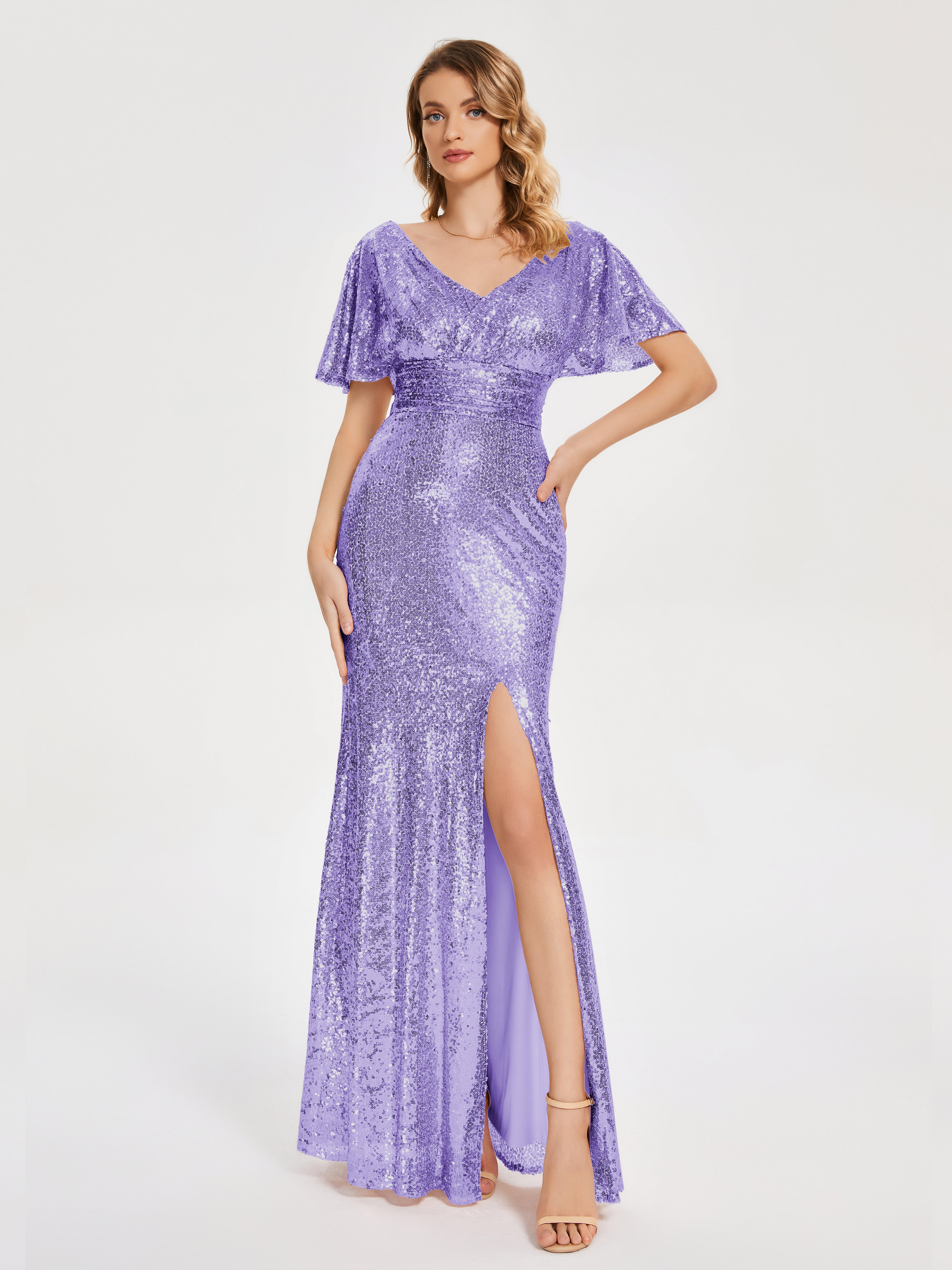 Cicinia V-neck Short Sleeves Sequins Bridesmaid Dress with Slit, Lilac Cicinia V-neck Short Sleeves Sequins Bridesmaid Dress with Slit, Lilac