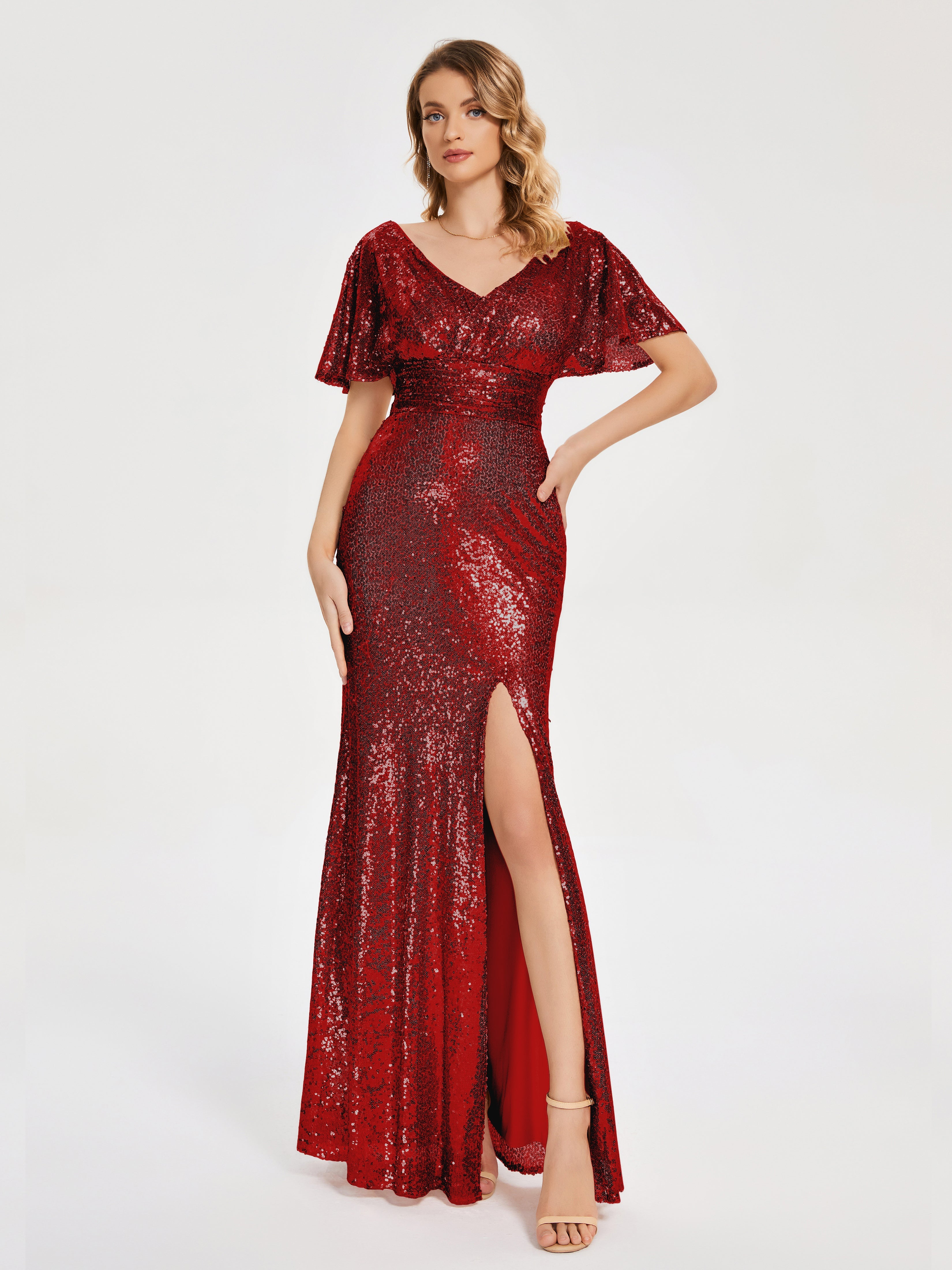 Short Sleeves V-neck Sequins Prom Dress with Slit Short Sleeves V-neck Sequins Prom Dress with Slit