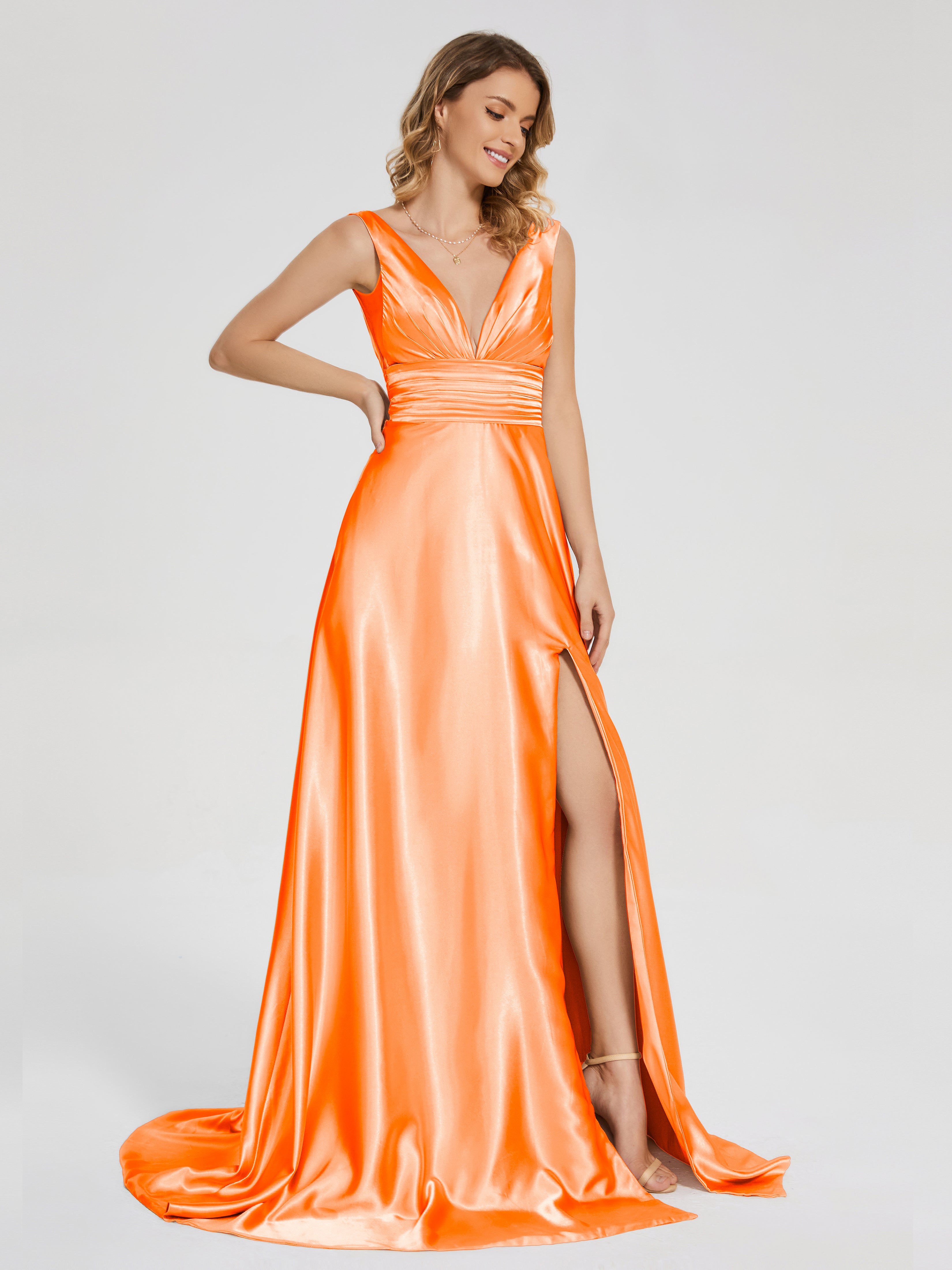 V-neck V-back Soft Satin Prom Dress with Training