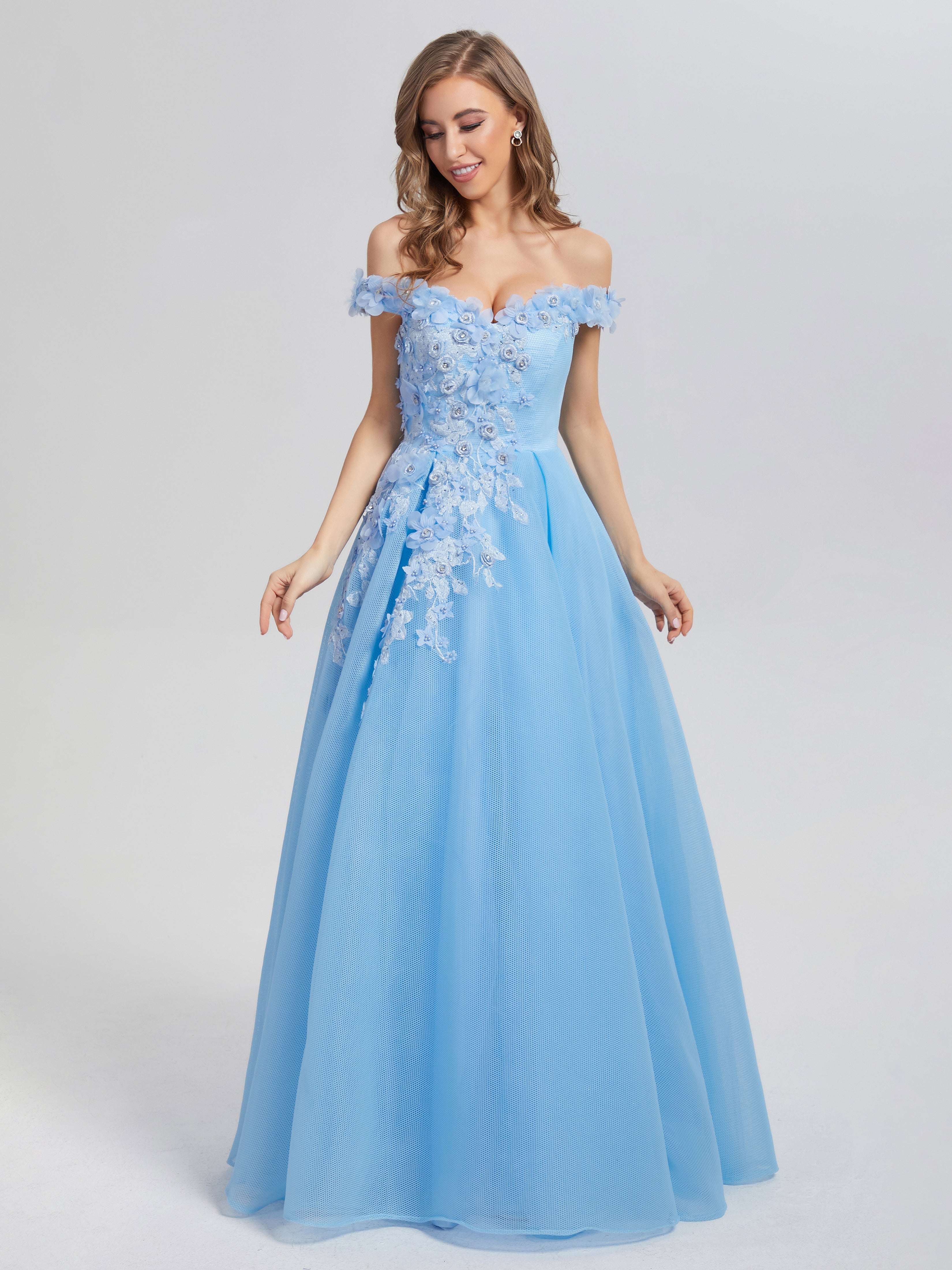 A-line Off the Shoulder Appliques Prom Dresses A-line Off the Shoulder Appliques Prom Dresses