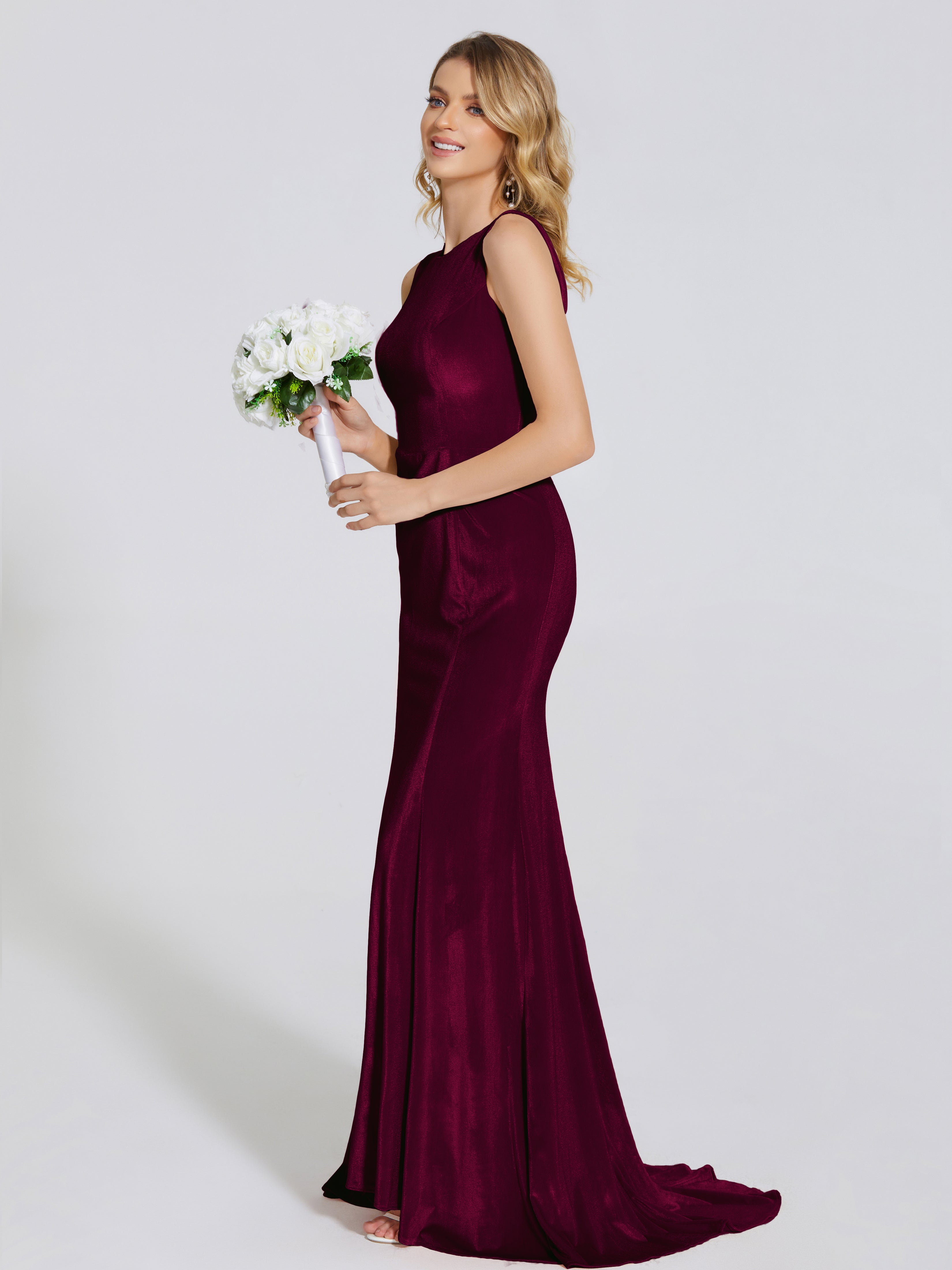 Cicinia Bateau Neck Sleeveless Velvet Trumpet Bridesmaid Dress, Burgundy Cicinia Bateau Neck Sleeveless Velvet Trumpet Bridesmaid Dress, Burgundy