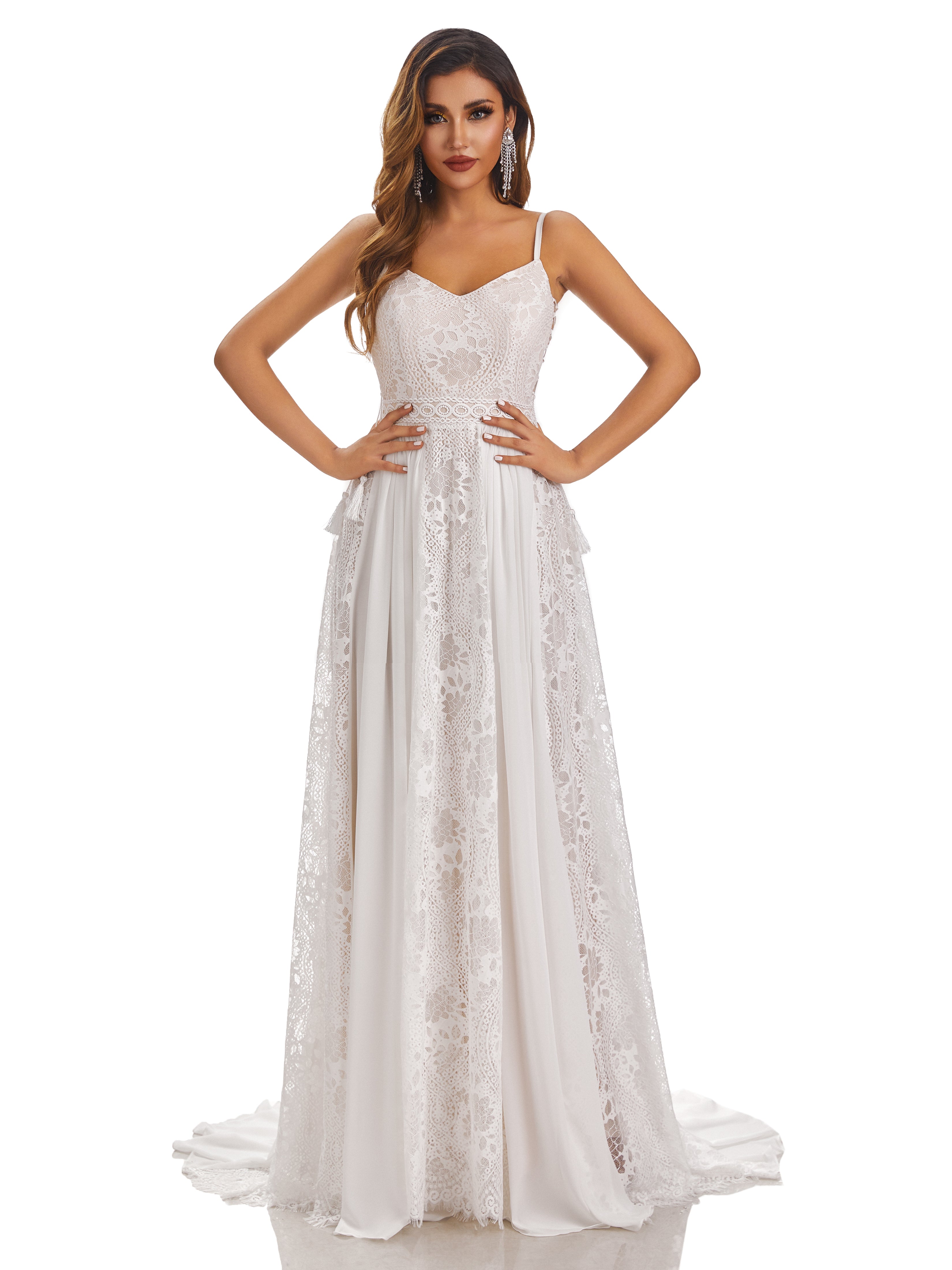 Cicinia Boho Lace Spaghetti Strap Wedding Dress with Tassel Cicinia Boho Lace Spaghetti Strap Wedding Dress with Tassel