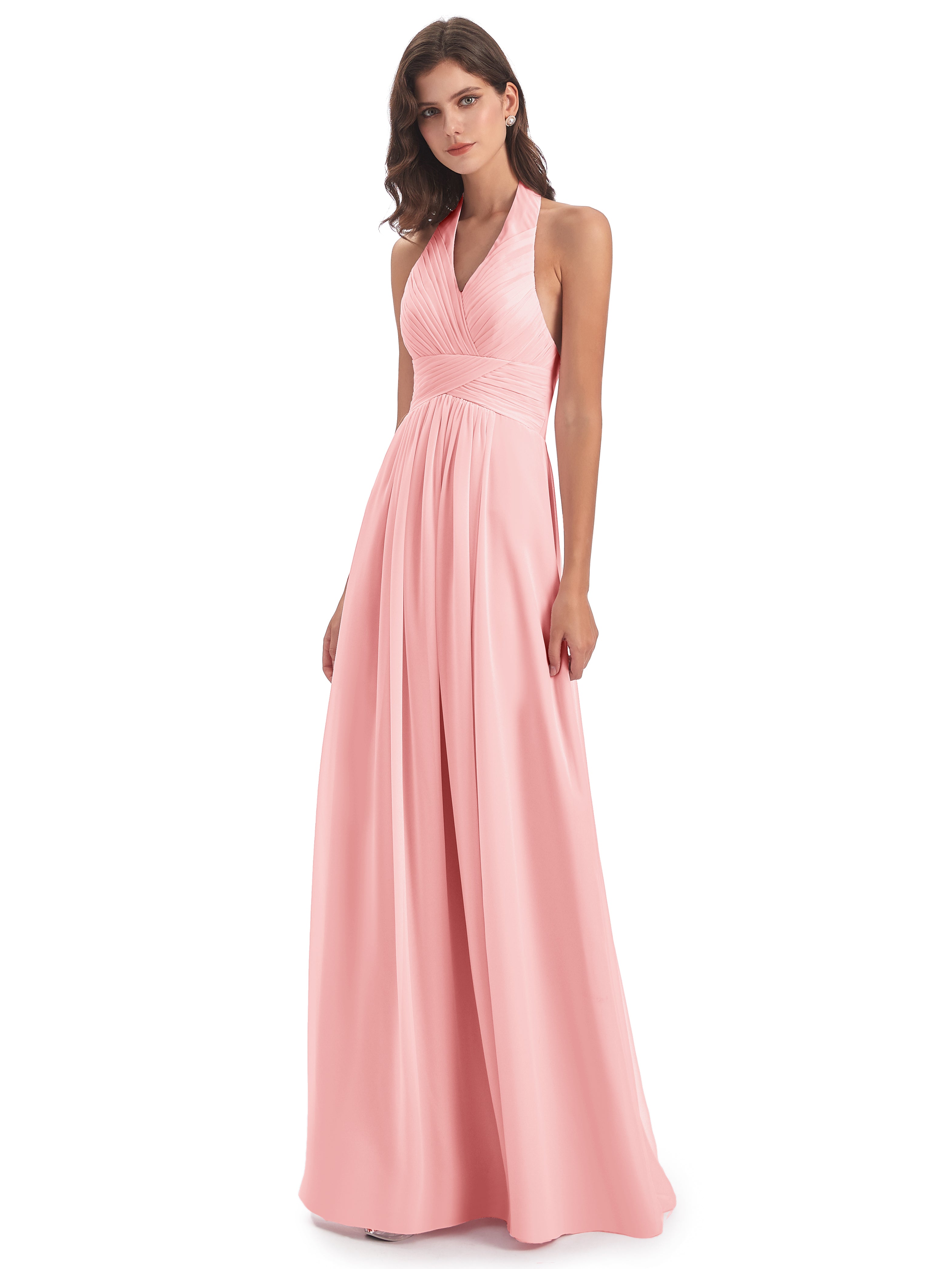 Camila A-line Halter Pleating Long Bridesmaid Dresses