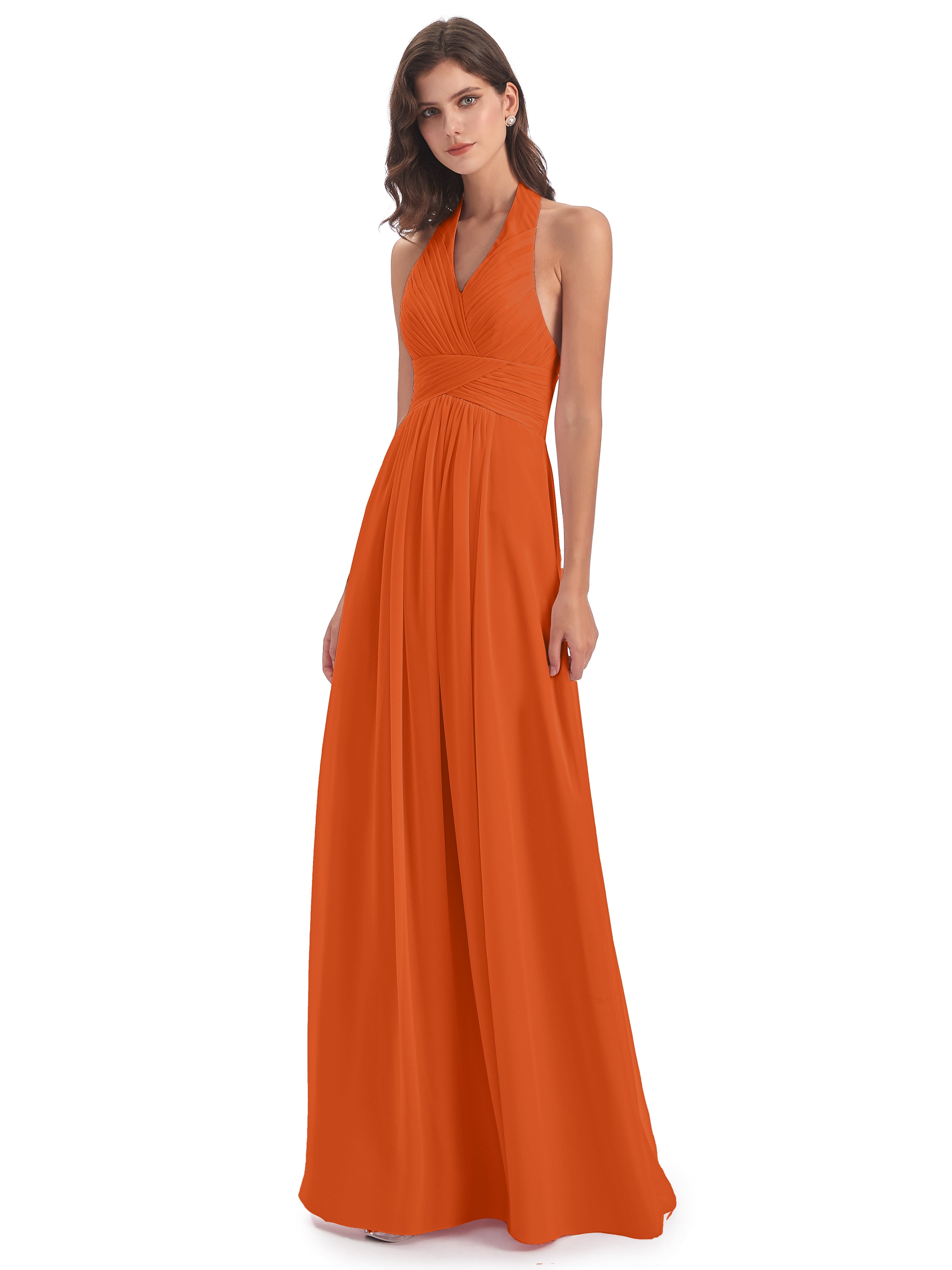 Camila A-line Halter Pleating Long Bridesmaid Dresses