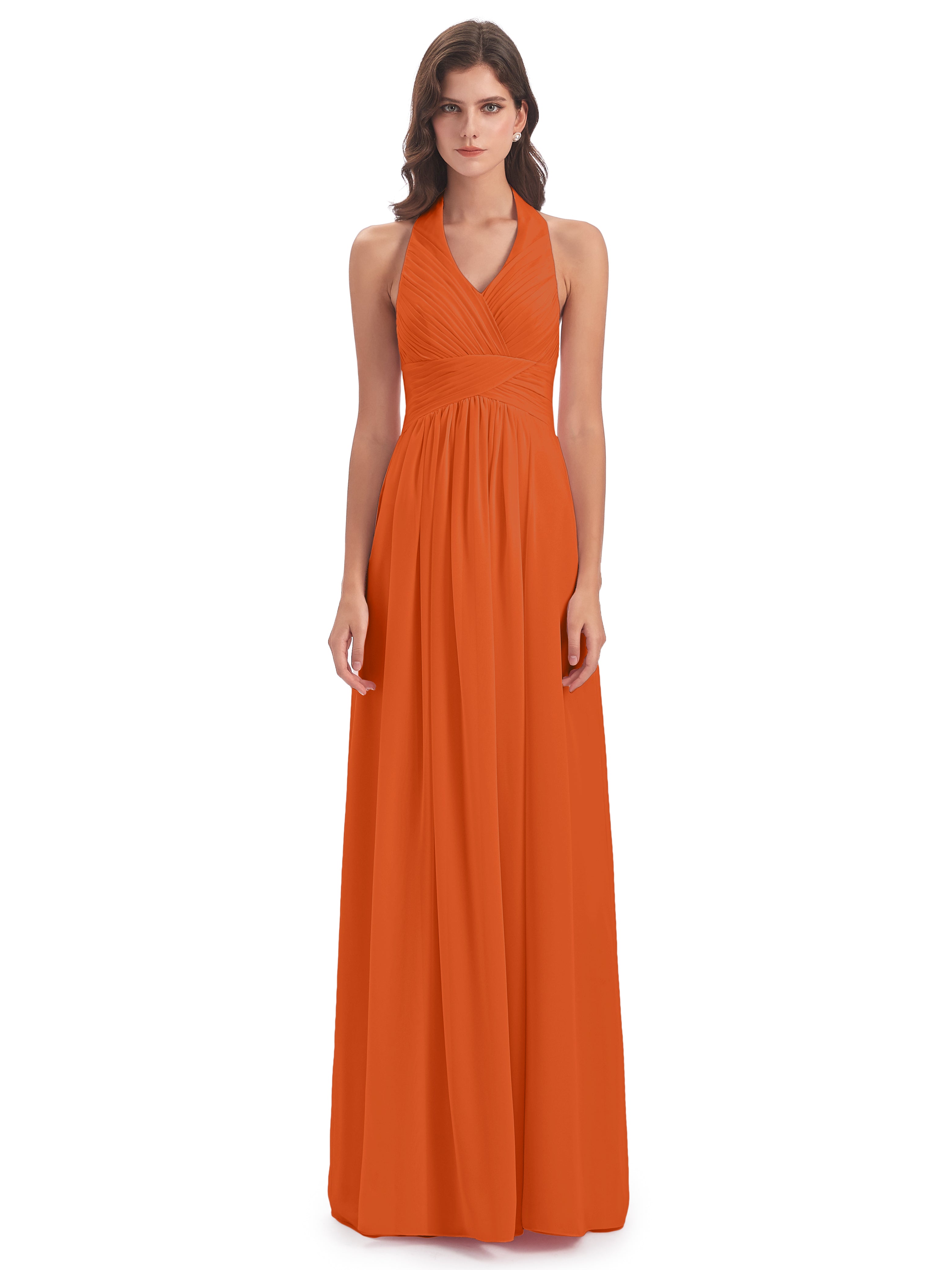 Camila A-line Halter Pleating Long Bridesmaid Dresses