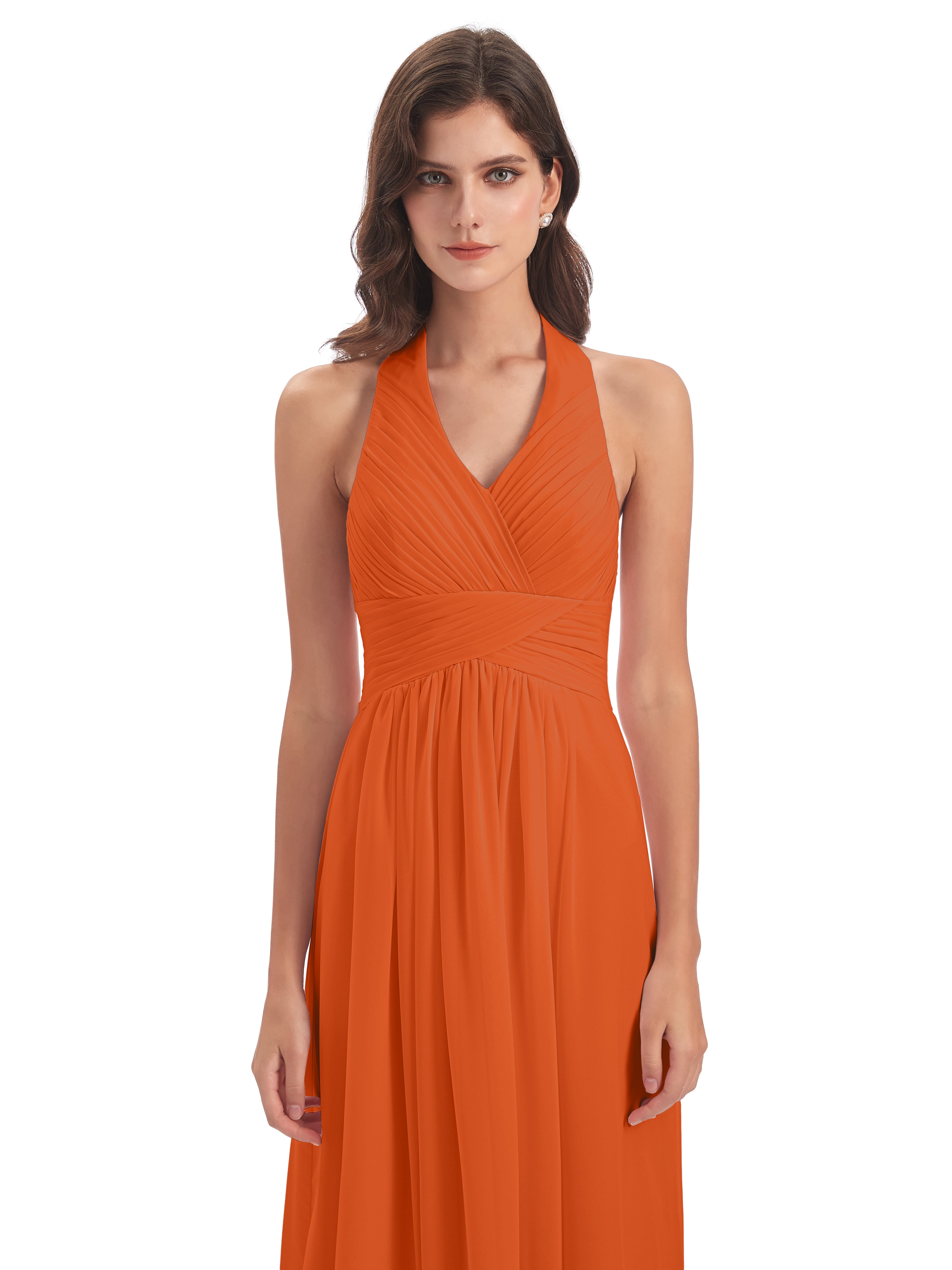 Camila A-line Halter Pleating Long Bridesmaid Dresses