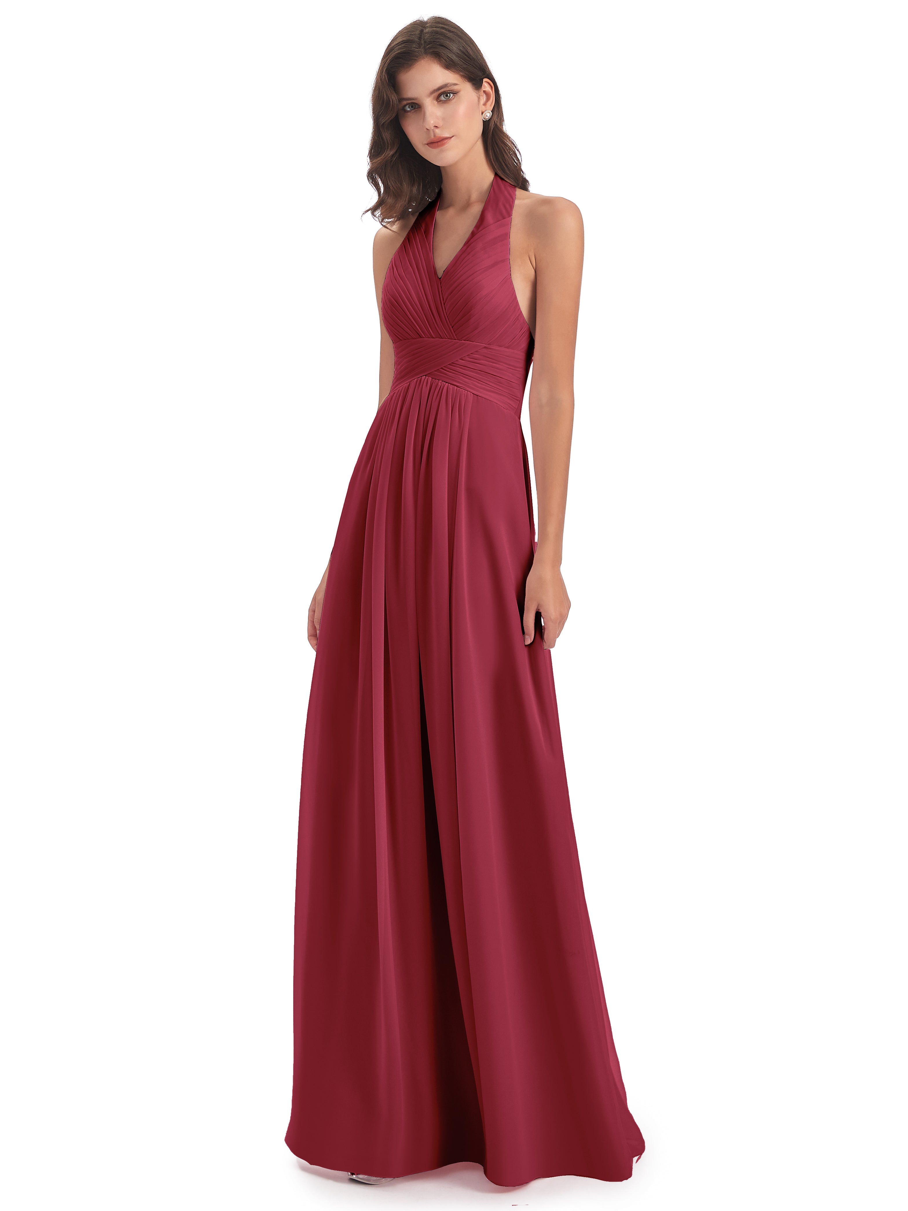 Camila A-line Halter Pleating Long Bridesmaid Dresses