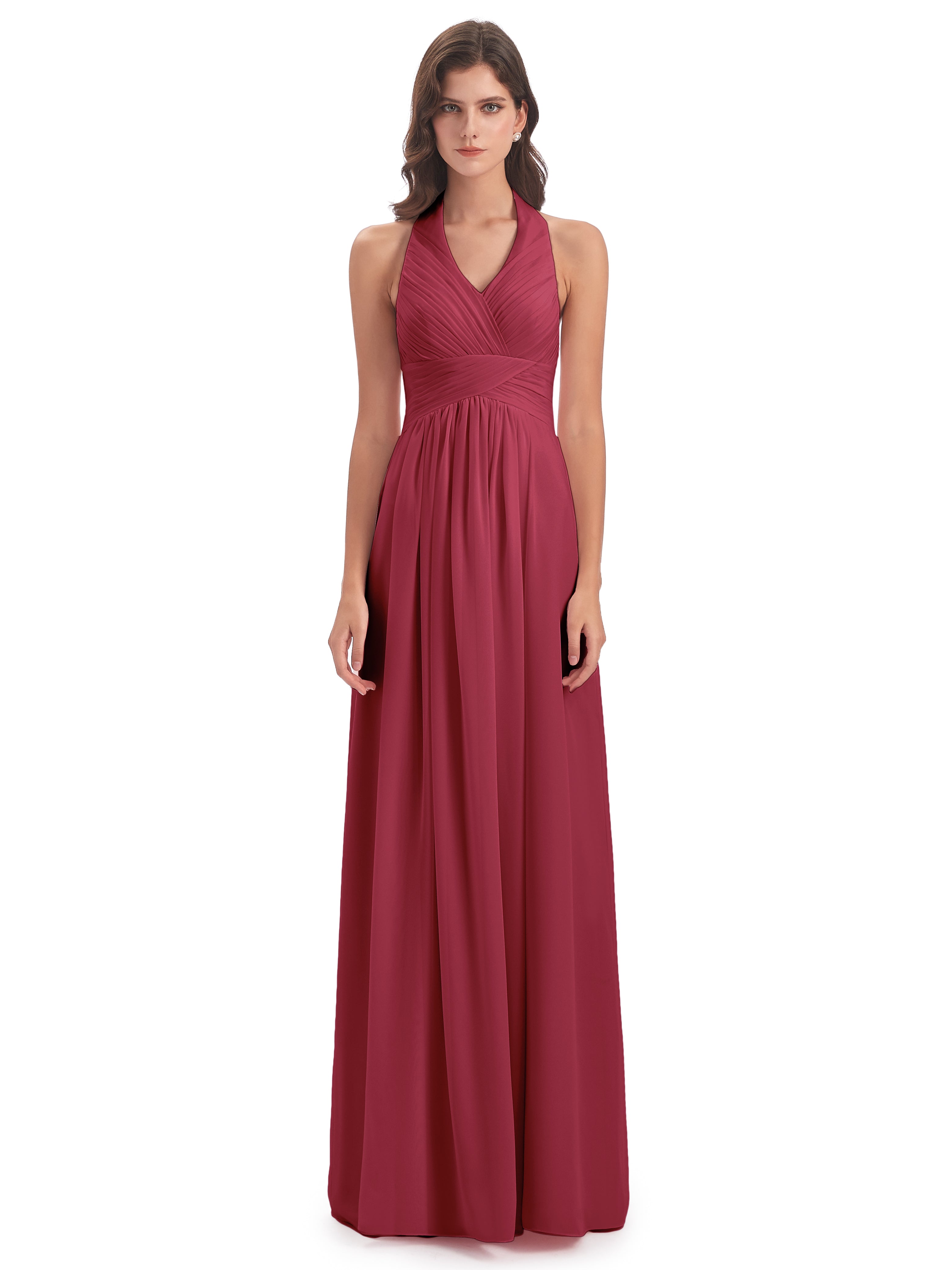 Camila A-line Halter Pleating Long Bridesmaid Dresses