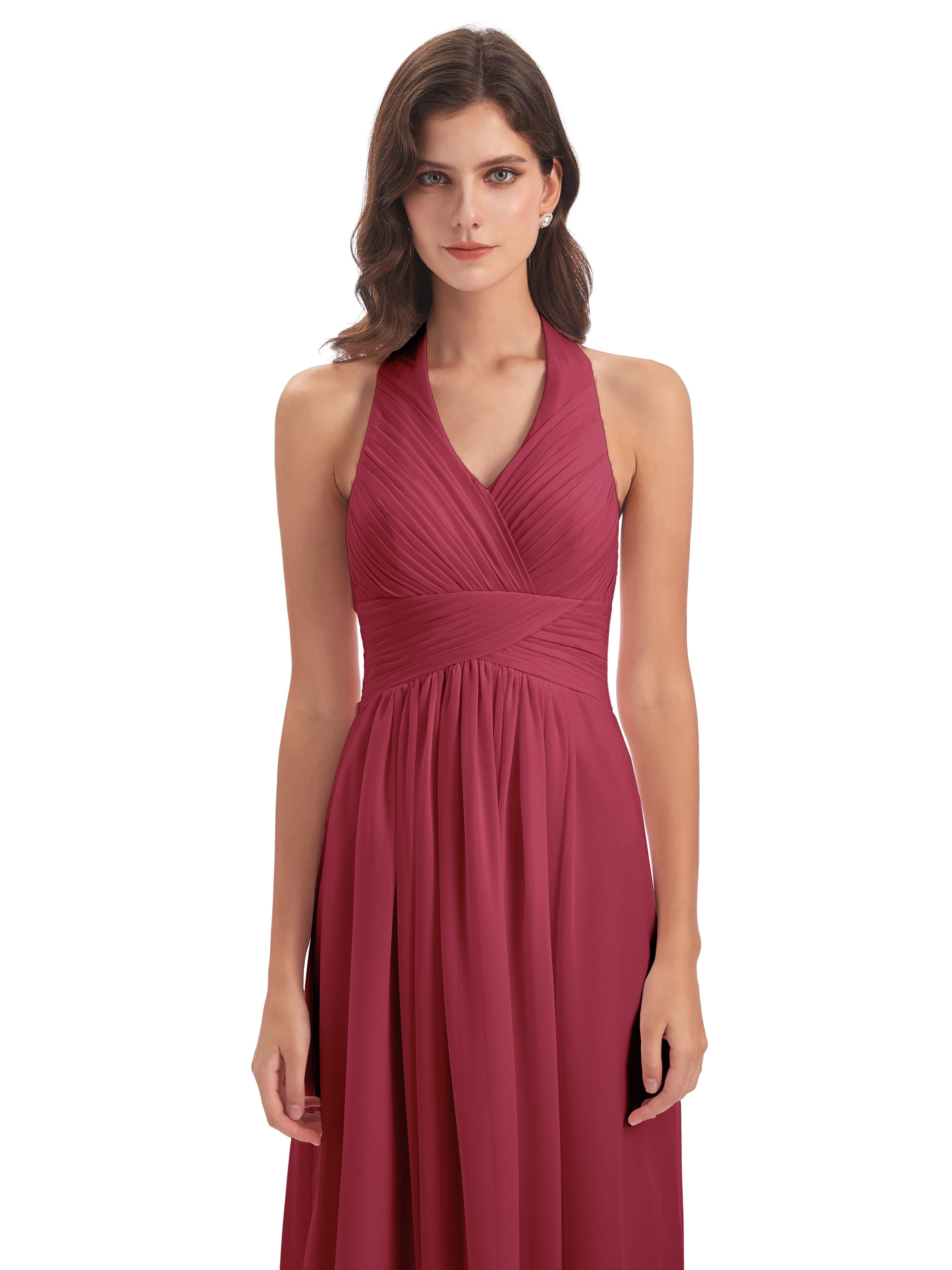 Camila A-line Halter Pleating Long Bridesmaid Dresses