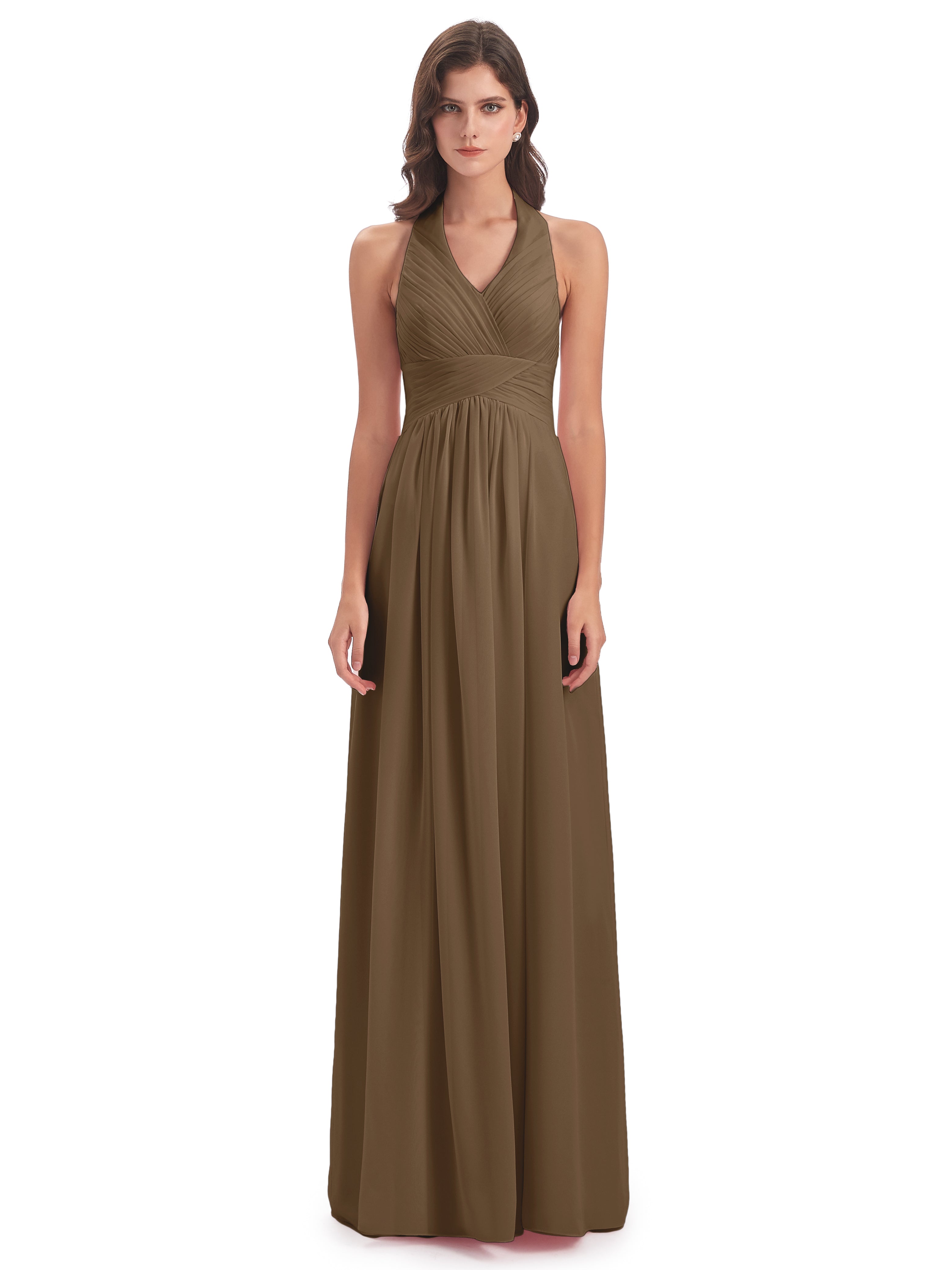 Camila A-line Halter Pleating Long Bridesmaid Dresses