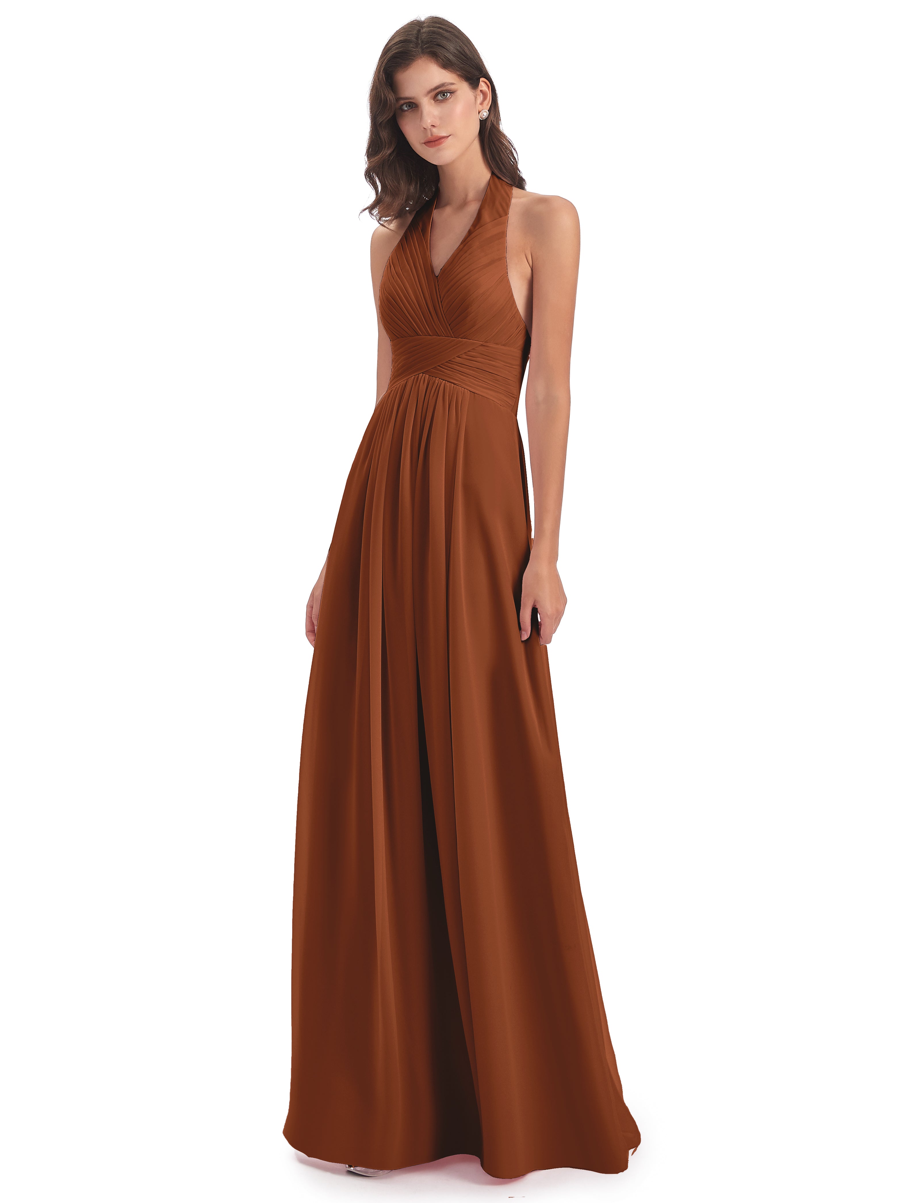 Camila A-line Halter Pleating Long Bridesmaid Dresses